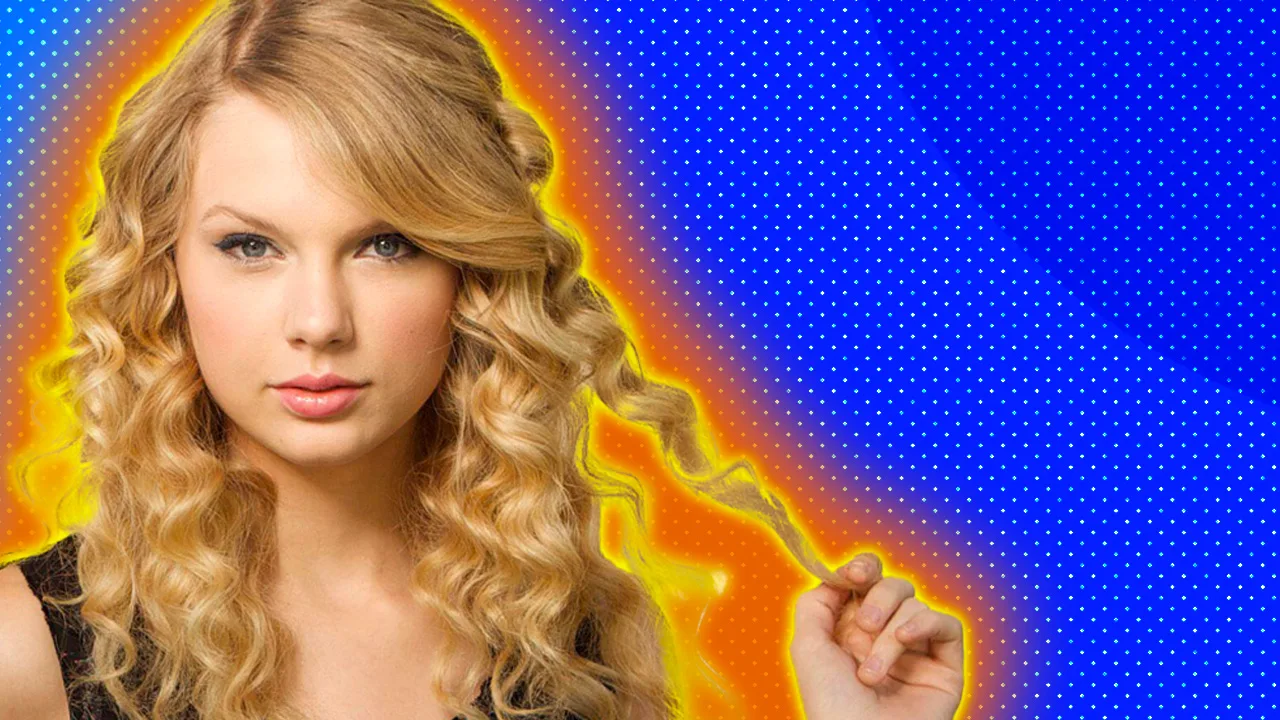 Taylor Swift as a young woman with her curly blonde hair, pulling on a strand against a blue background with dots and a yellow orange halo