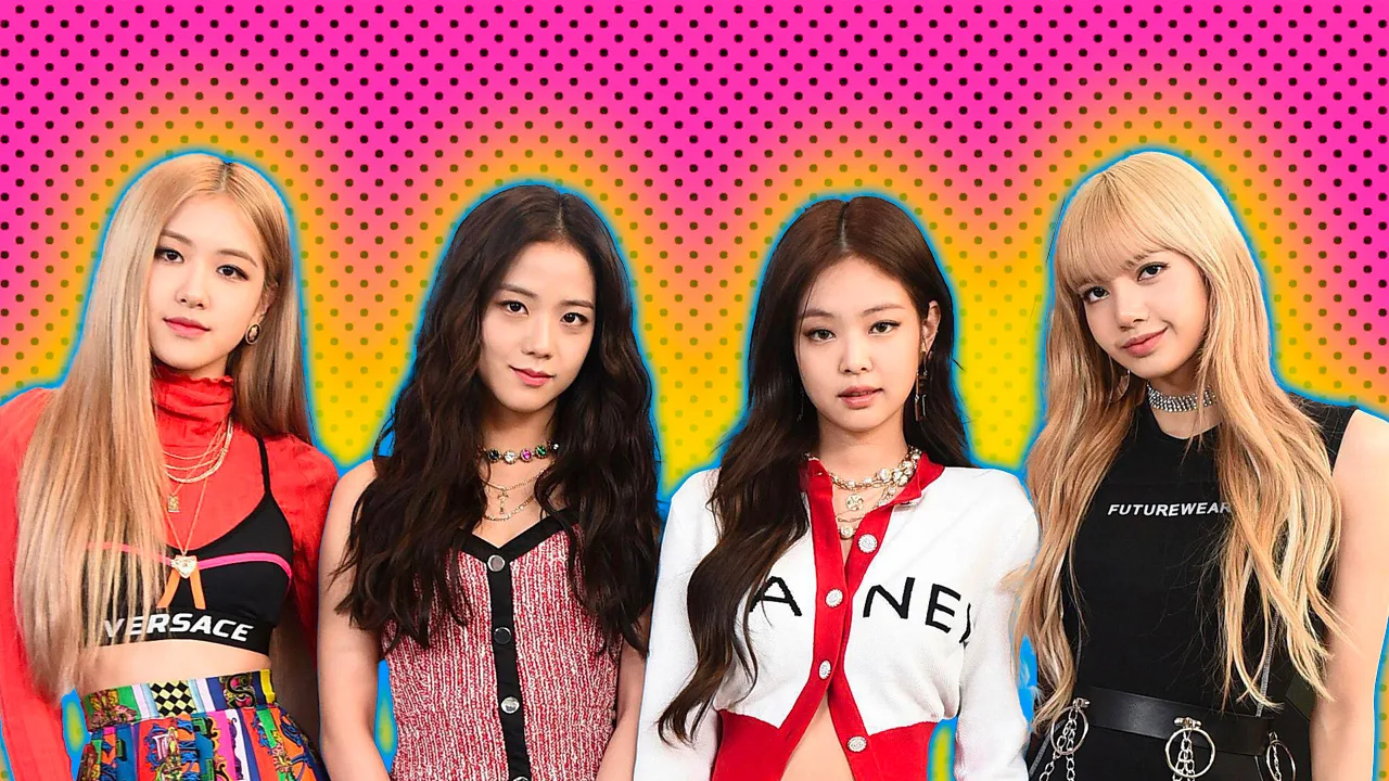 A photo of the four members of Blackpink stood in various designer outfits against a pink dotted background with yellow halos