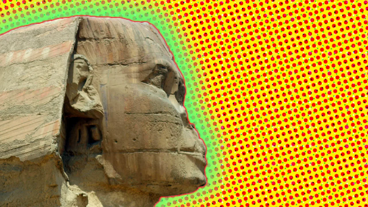 A photo of a Sphinx side on without a nose against a yellow dotted background with a green halo.