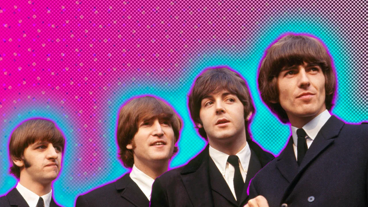 A photo of each member of The Beatles in black and white suits against a pink dotted background with a blue halo