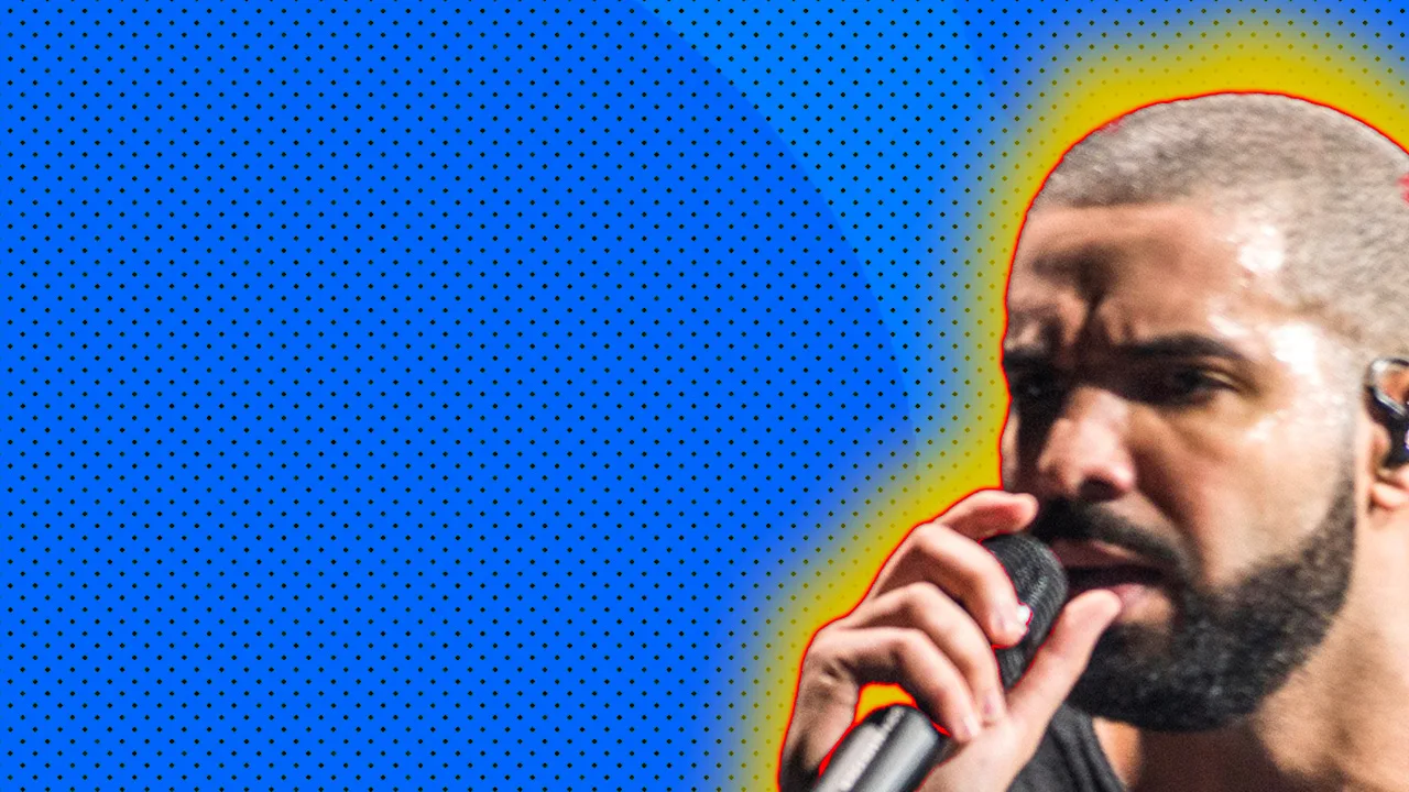 A photograph of Drake the singer up close singing into the mic with a yellow halo against a blue dotted background.