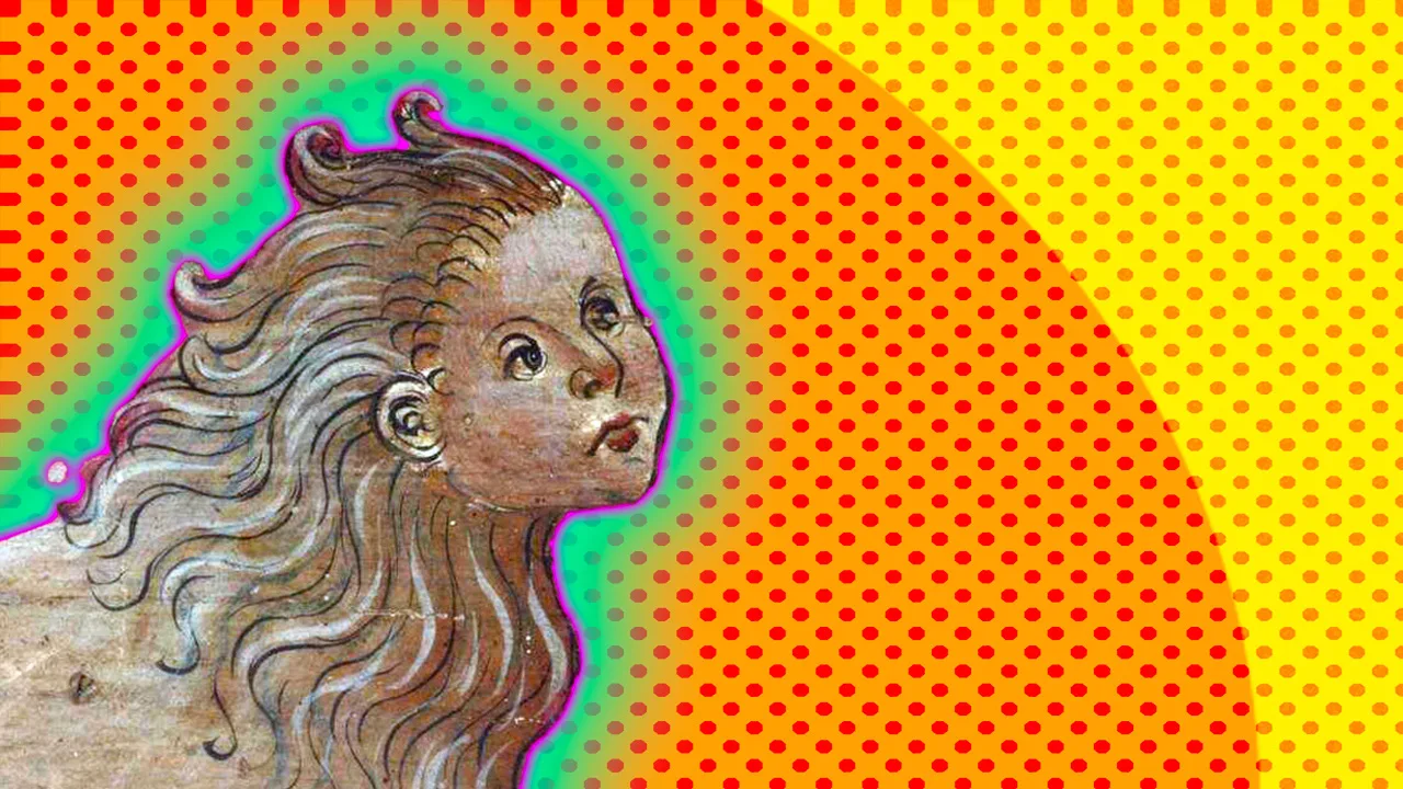 A photo of a medieval human lion painting face with a blue halo and yellow orange dotted background.