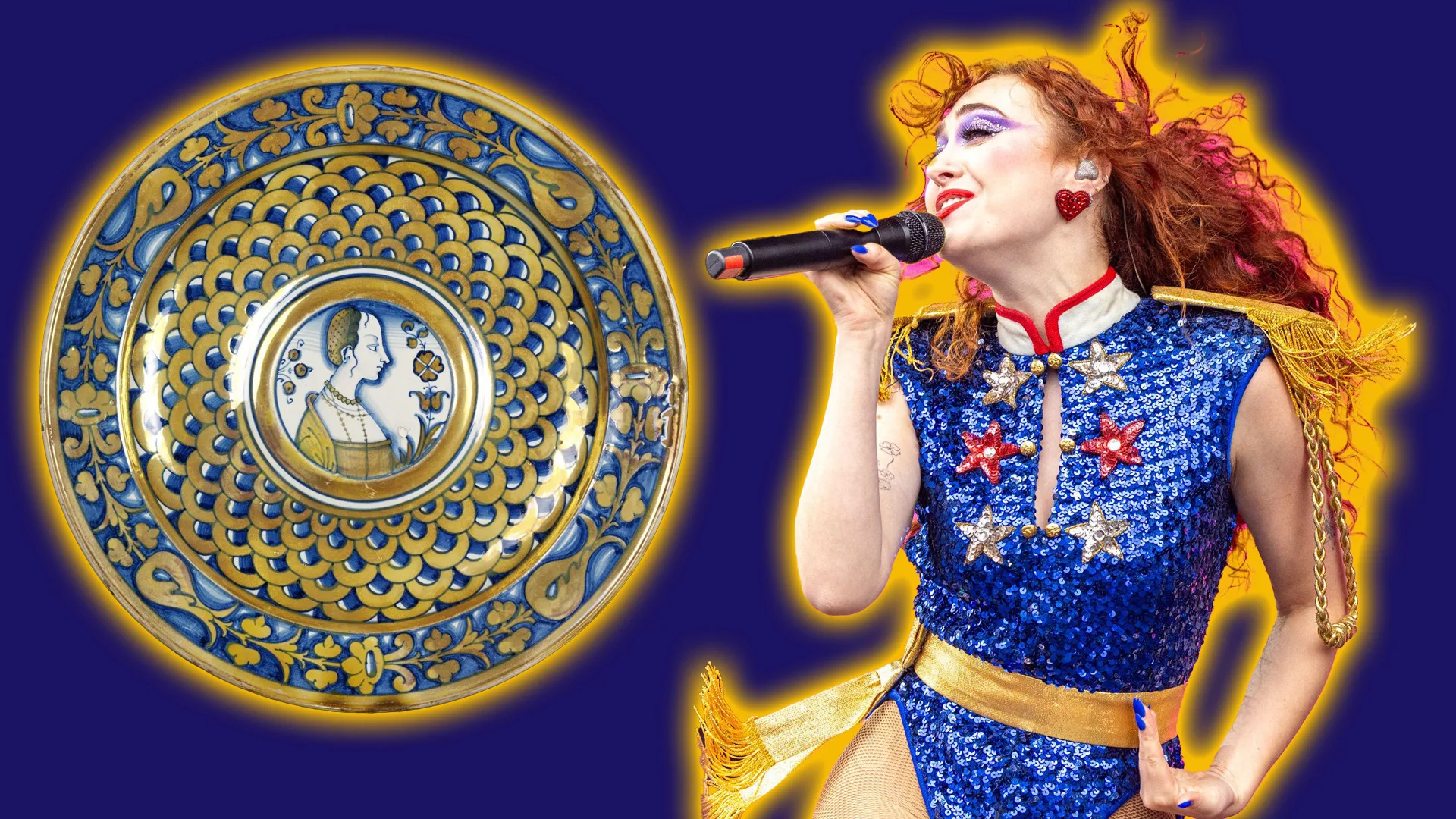 A photo of a gold and blue basin next to Chappell Roan who is wearing a gold and blue sequin bodysuit and singing into the mic. Both have yellow halos against a dark purple background.