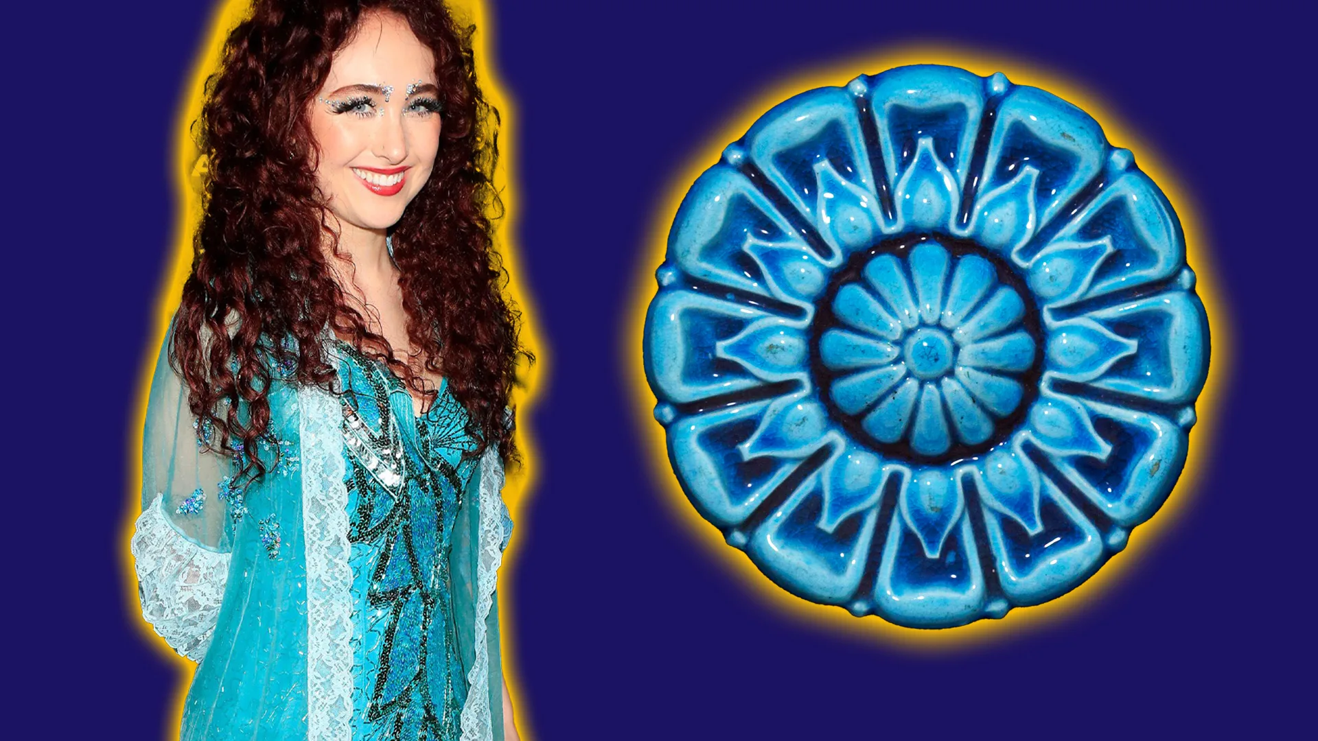 A photo of Chappell Roan in a blue sequin dress smiling next to a blue boss made of turquoise with a yellow halo against a dark purple background.