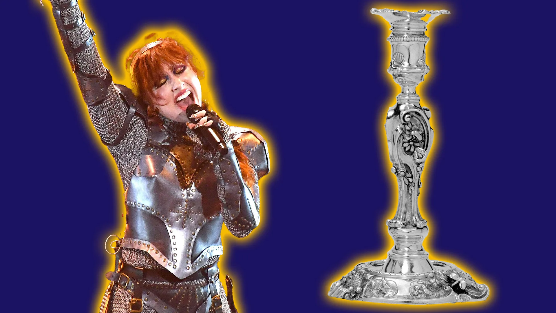 Chappell Roan in a knights outfit singing into a mic next to a silver candlestick. Both have yellow halos against a dark purple background.