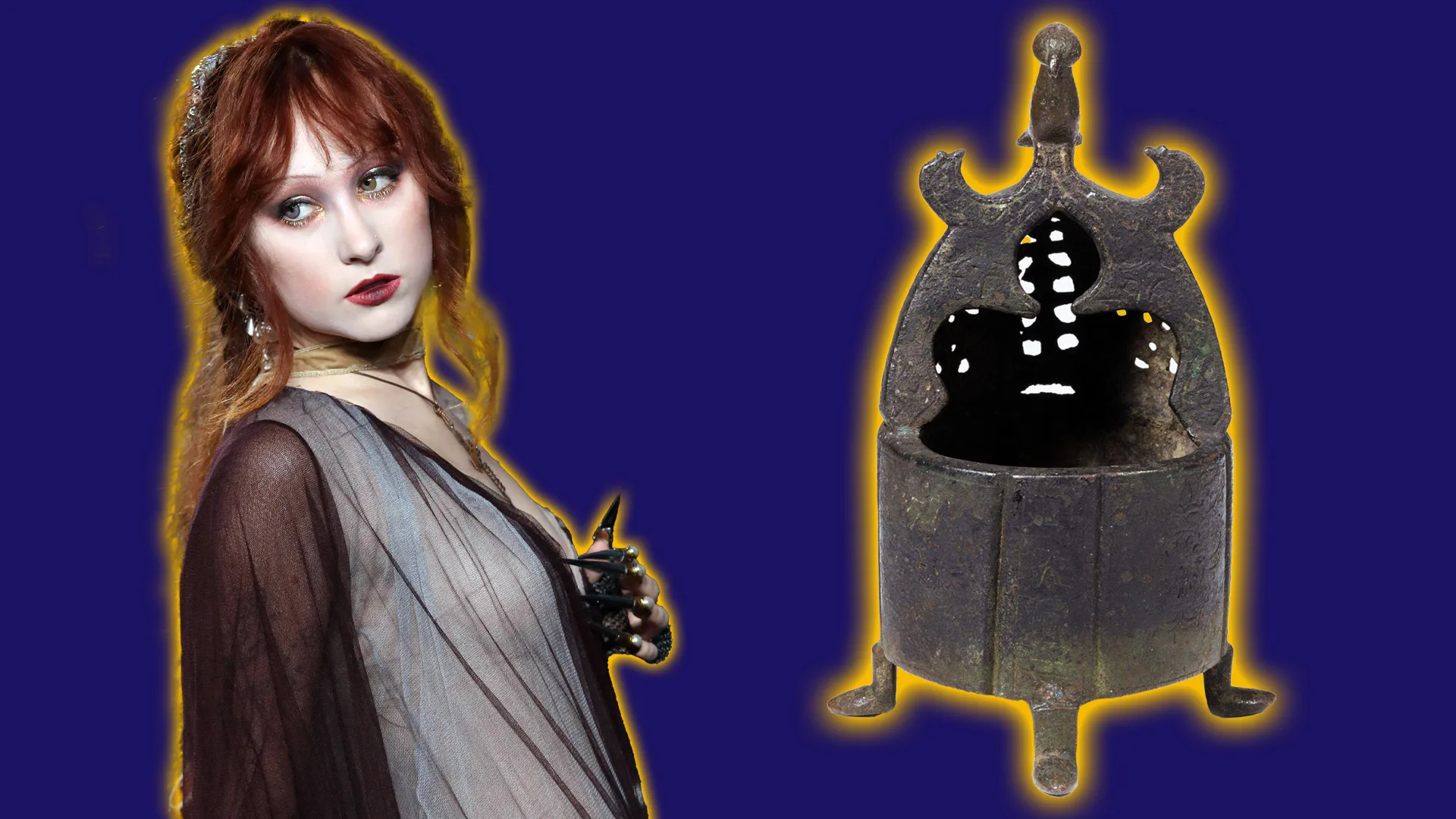 A photo of Chappell Roan wearing a sheer black dress over a white top with pale makeup and dark lips next to a Medieval incense burner of greys and blacks. Both have a yellow halo around them against a dark purple background.