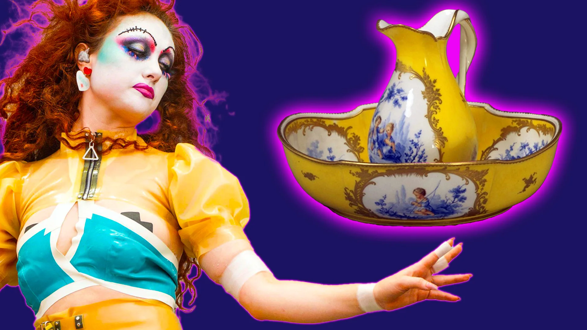 A photo of Chappell Roan dressed up in a blue and yellow outfit wearing drag makeup next to a 19th century white and yellow china jug and dish.