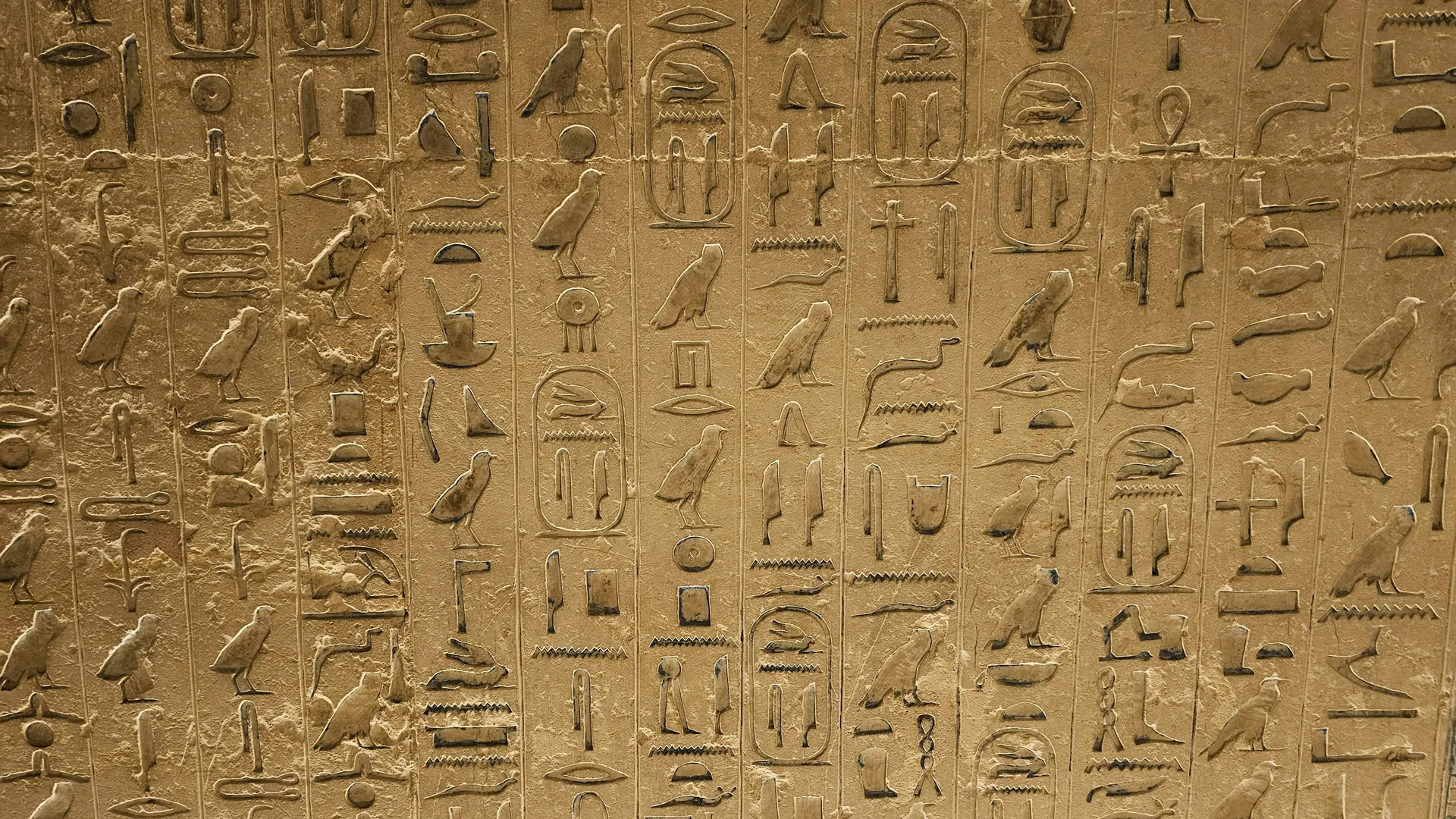 An image of hieroglyphs on a beige sandstone.