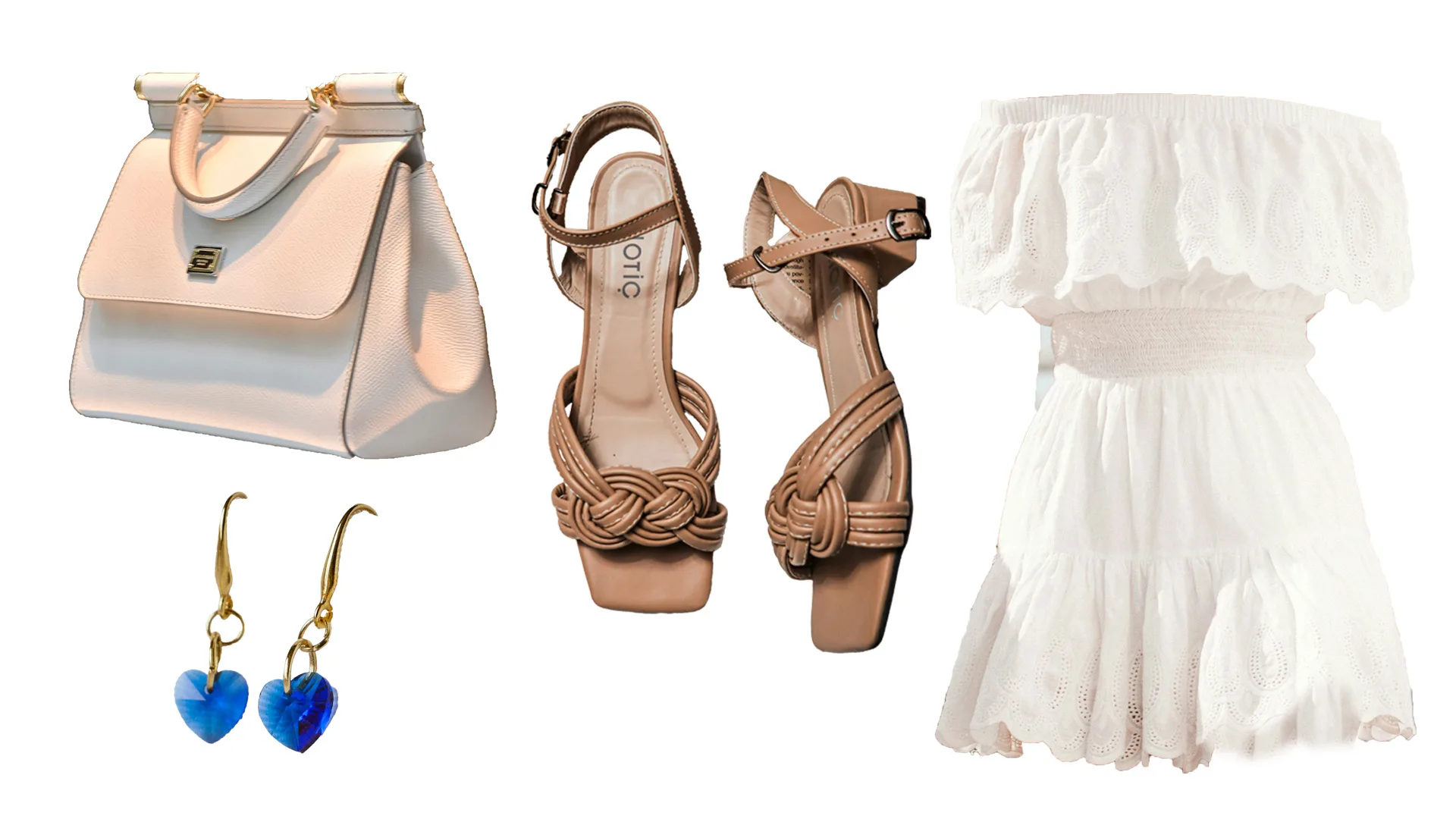 A photo of a white dress, beige sandals, a white handbag and blue heart earrings against a white background.