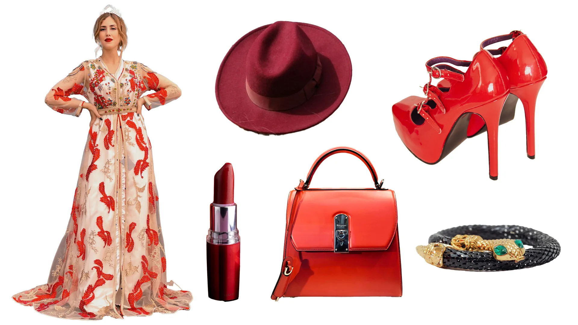 A photo of a woman in a red and white gold dress, a red hat, red lipstick, red handbag, patent red high heels and a snake bracelet.