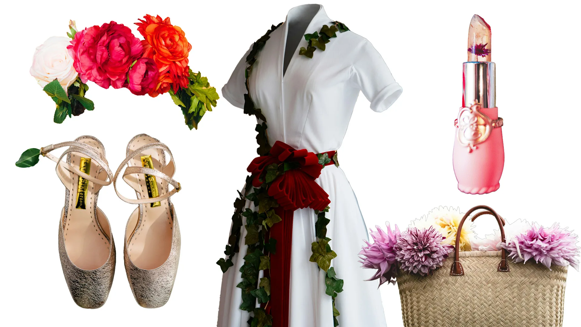 A photo of a pink flower crown, some silver ballet slippers, a white dress with red velvet belt and leaves, a wicker basket of pink flowers and pink decorative lipstick