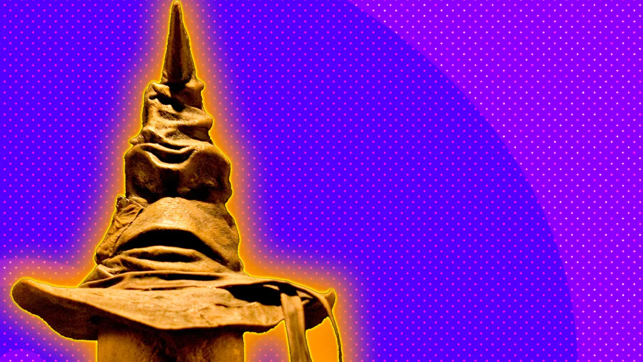 A photo of the Harry Potter sorting hat sat on a podium against a purple dotted background with an orange halo.