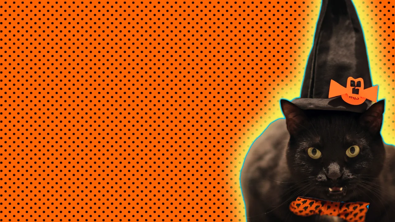 A photo of a black cat wearing a witches hat with an orange bow against an orange dotted background with a yellow halo.