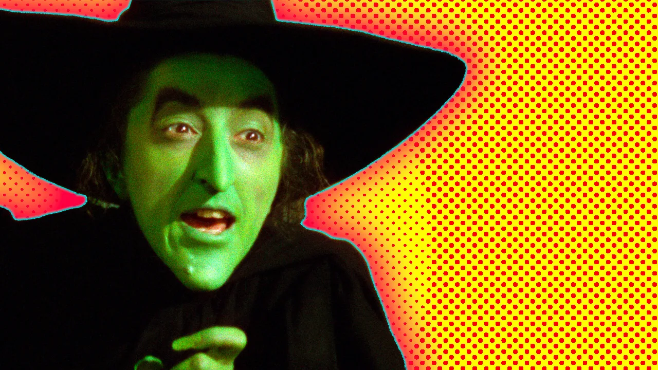 A photo of the Wicked Witch of the West in Wizard of Oz with an orange halo against a yellow dotted background.