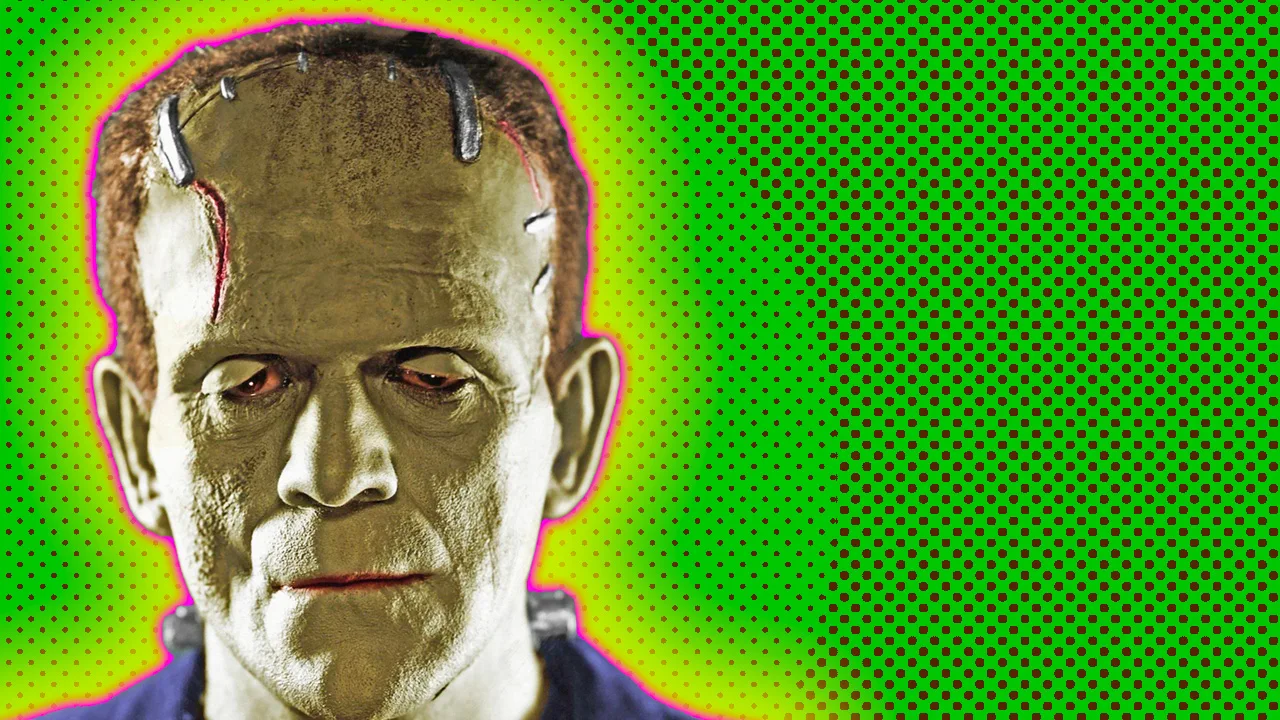 An image of Boris Karloff in Frankenstein showing a close up of his face in green with a green dotted background and orange and yellow halo.