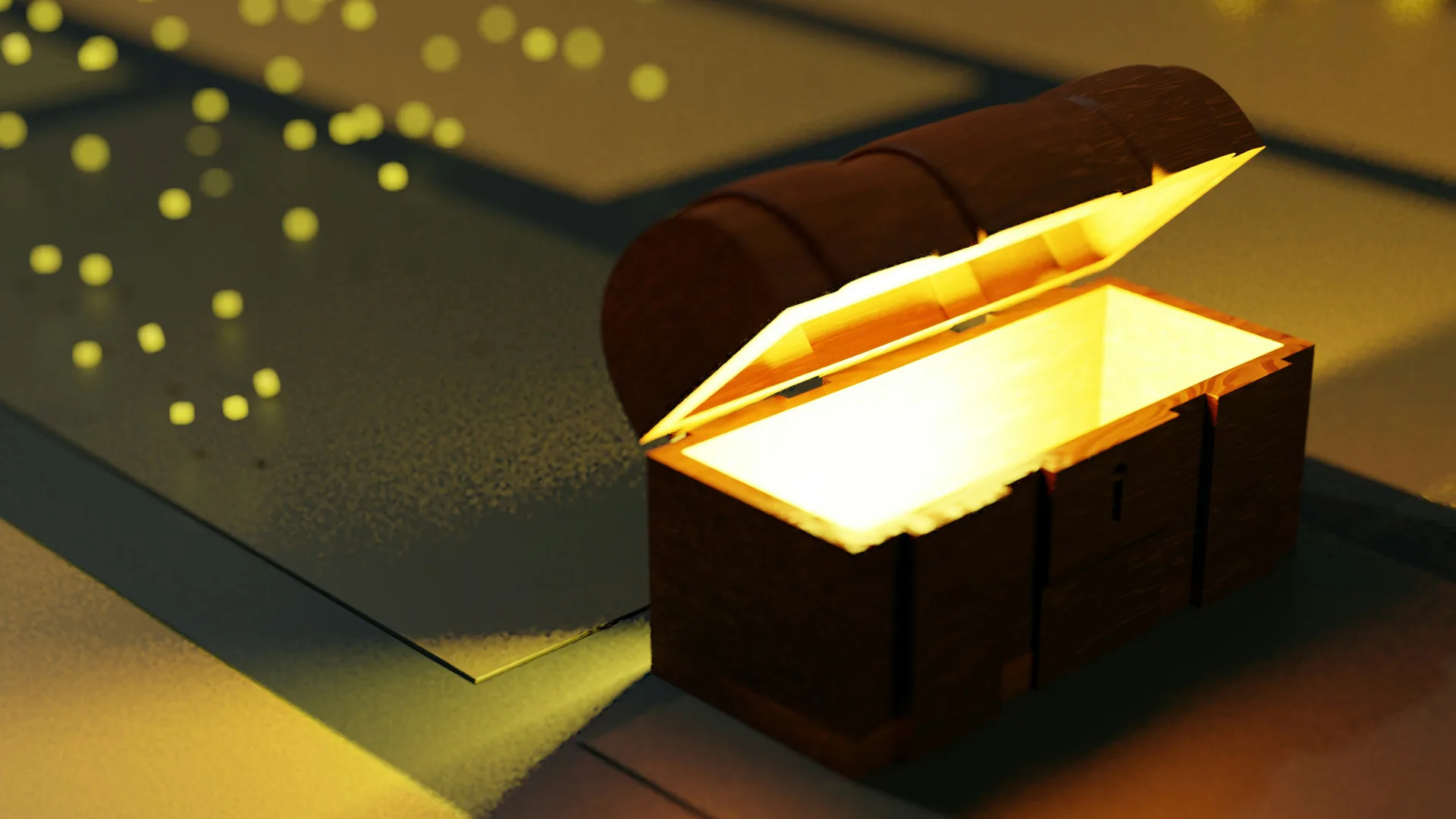 A photo of a glowing treasure chest with light particles floating out from it to the left.