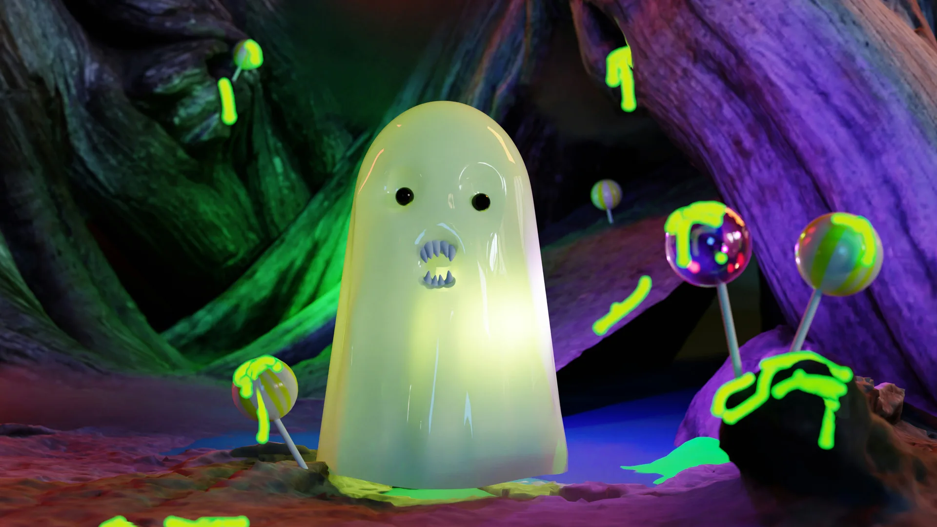 A photo of a glowing ghost with a happy face surrounded by glow in the dark good on a darklit background