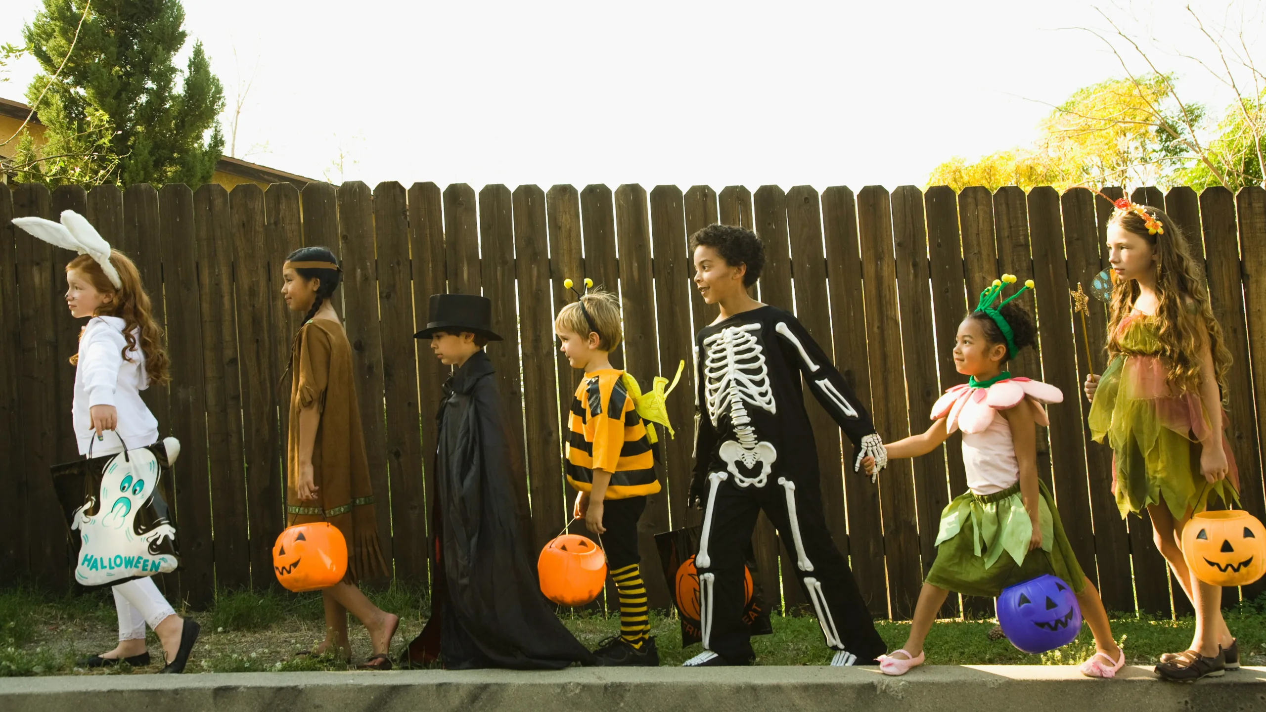 A photo of some children walking in a line by a fence in Halloween costumes, holding pumpkin carriers in a light sunlit sky.