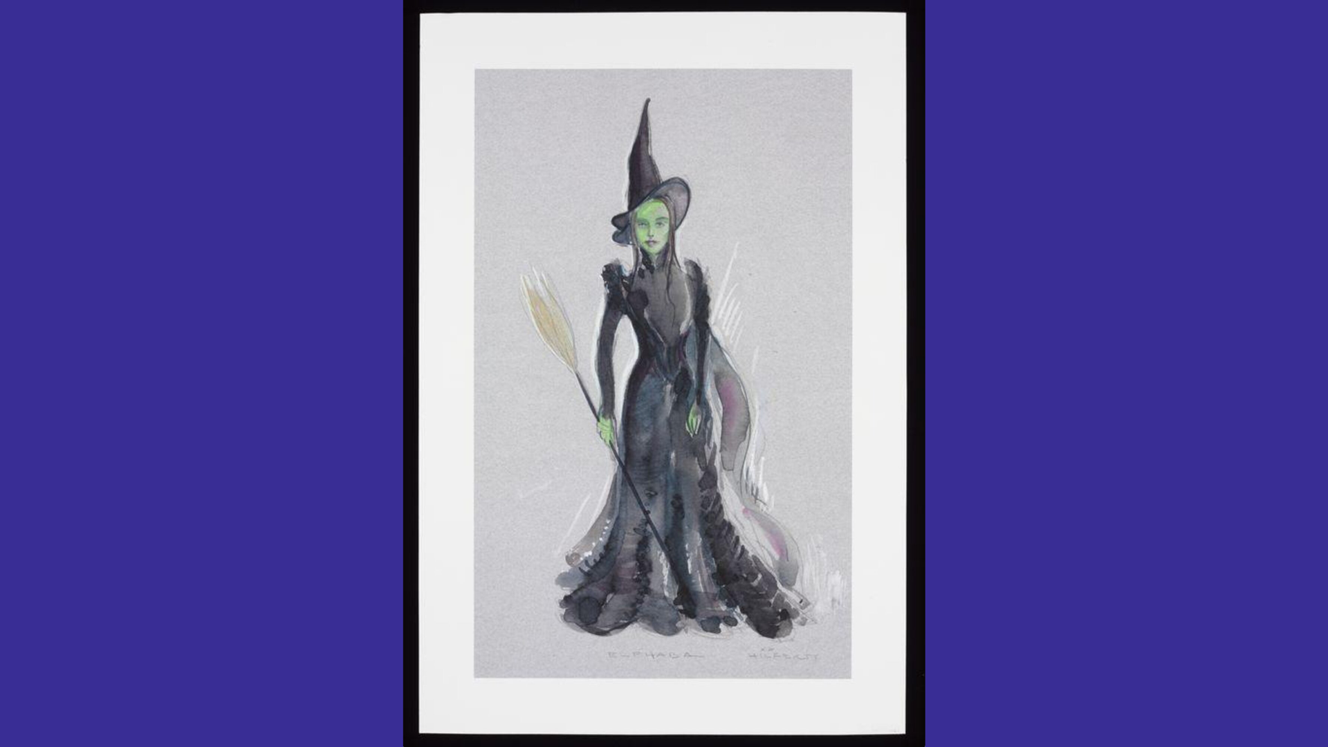 A costume design illustration from Wicked the Musical showing Elphaba in her witch dress and hat holding a broom.