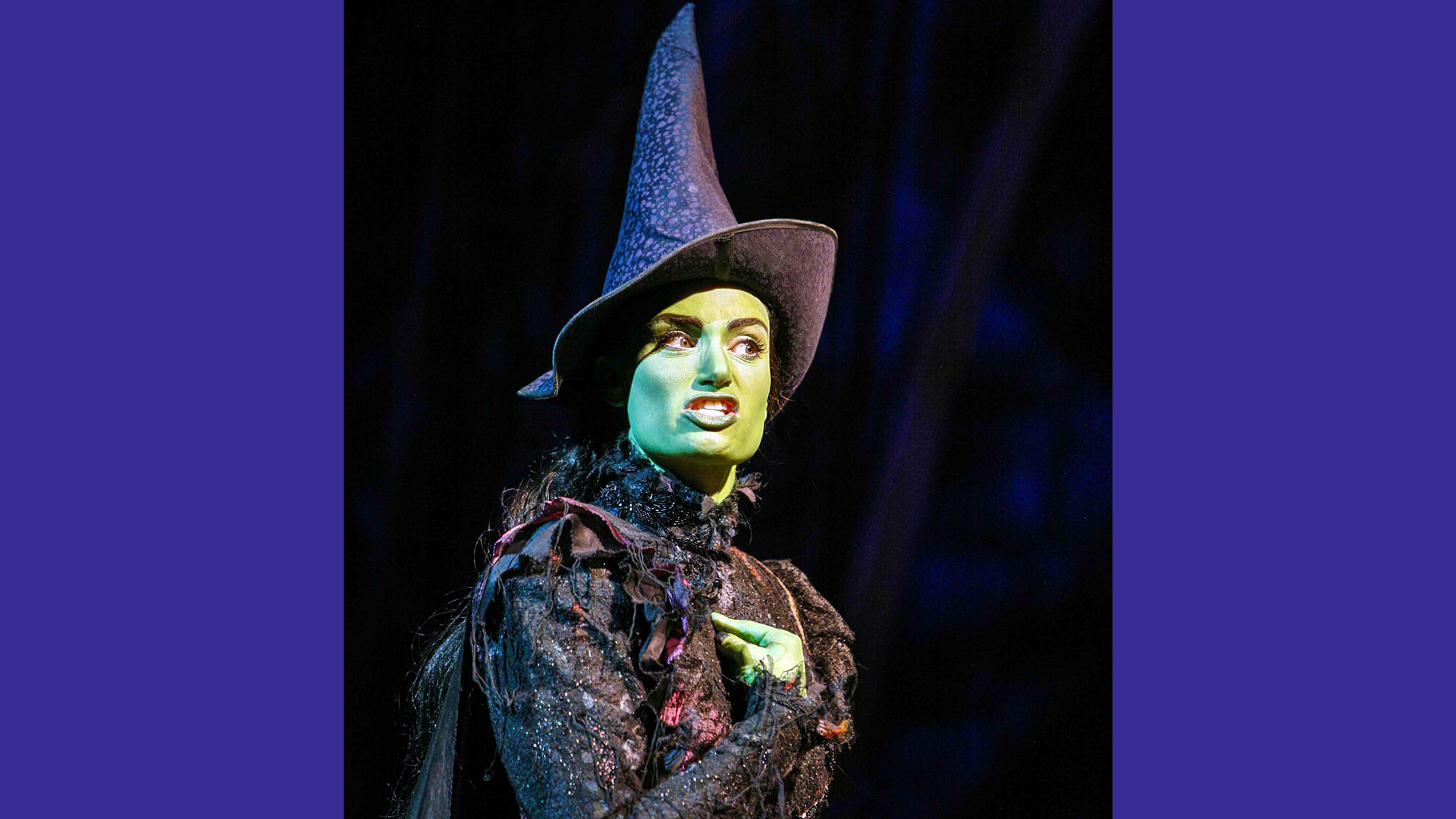 A photo of Idina Menzel performing as Elphaba in Wicked with her black hat and dress and green face against a black background.