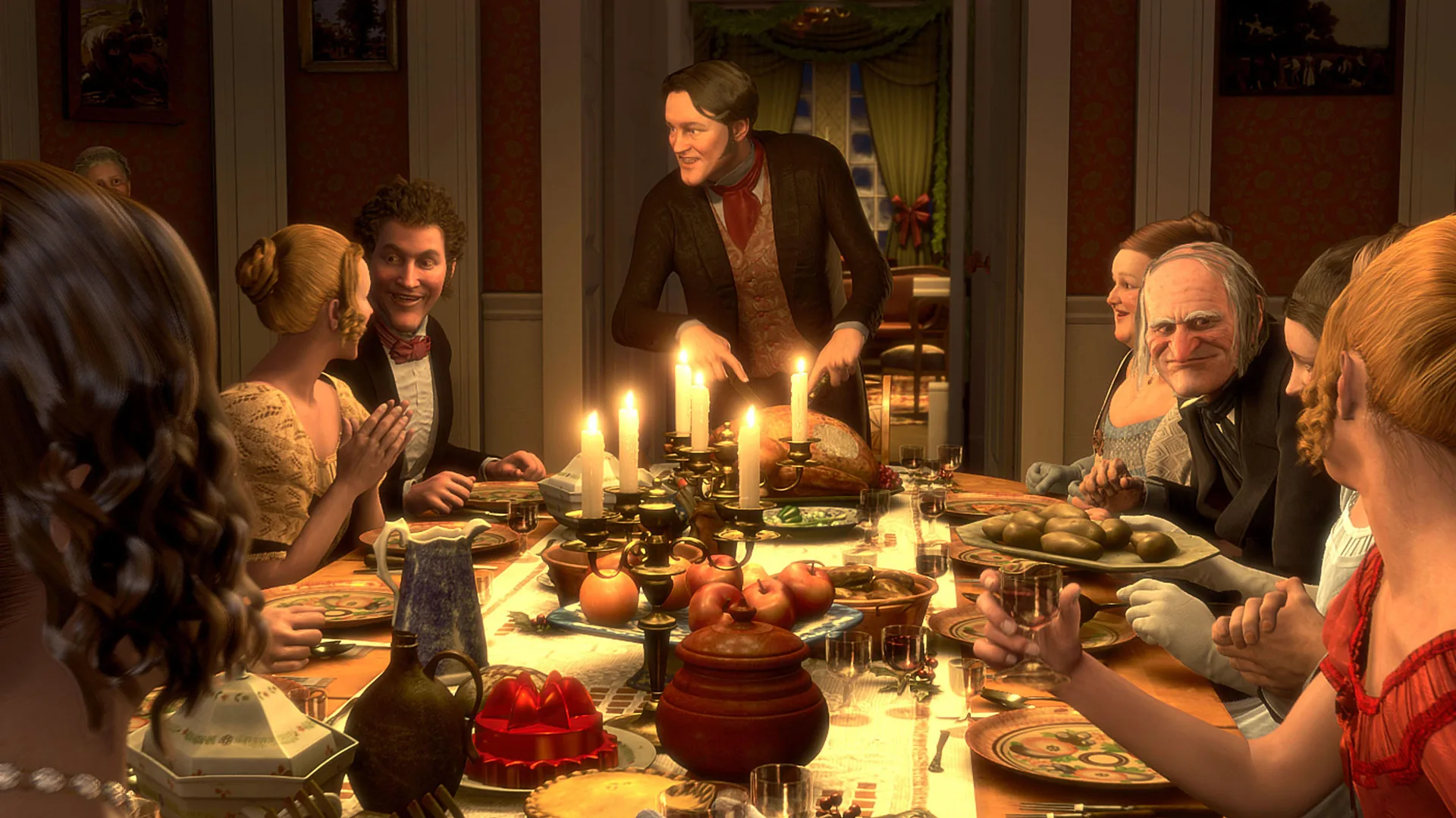 A scene from the animated film A Christmas Carol showing Scrooge and his nephew enjoying a family meal at the dining table with food and candles.