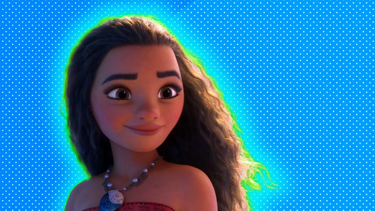 A still of Disney's Moana smiling with a green and blue halo around her against a blue dotted background.