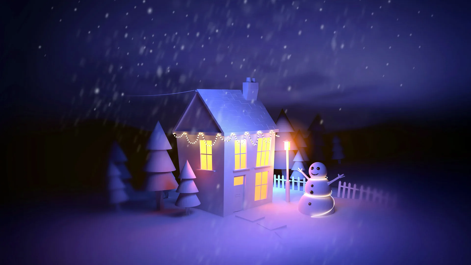 A Christmas scene of a house at night with Christmas trees and a snowmen all lit up from the household lights with snow falling from the sky onto the snowy ground.