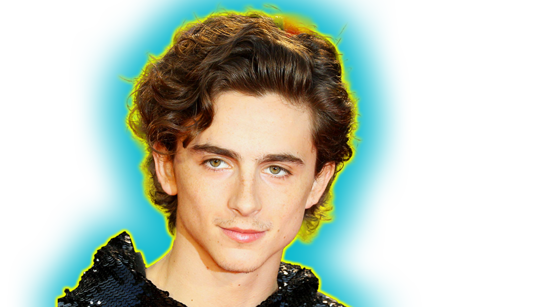 A photo of Timothee Chalamet wearing a black top with a yellow and blue halo