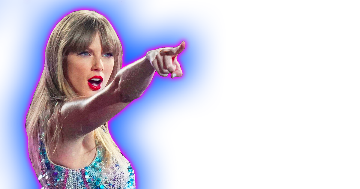 A photo of Taylor Swift pointing out wearing a sequin outfit with a pink and purple halo