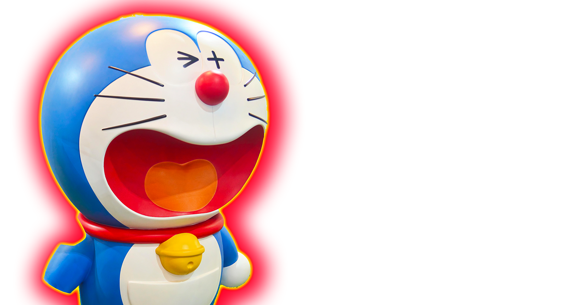 A photo of Doraemon screaming with a yellow and red halo.