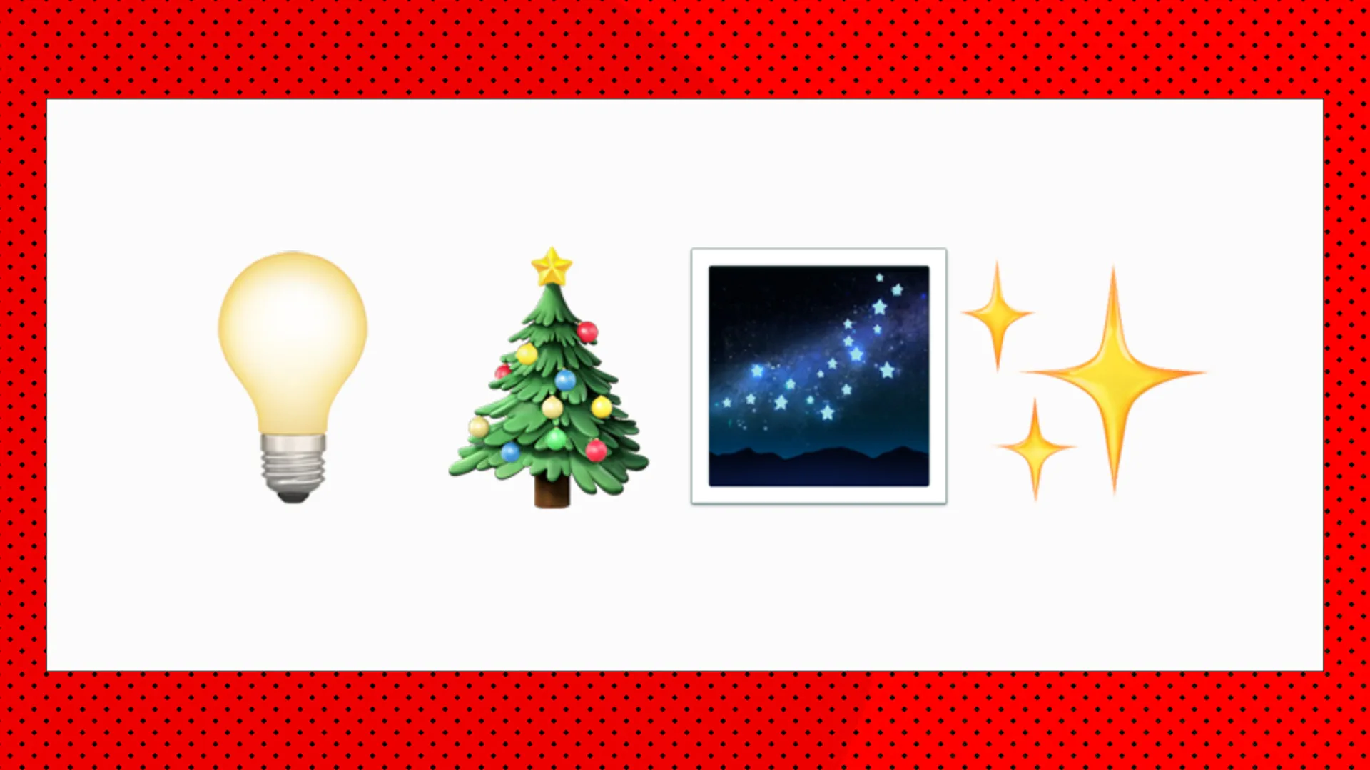 An image showing four emojis of a lightbulb, a christmas tree, a starry night and stars against a white background with red borders.