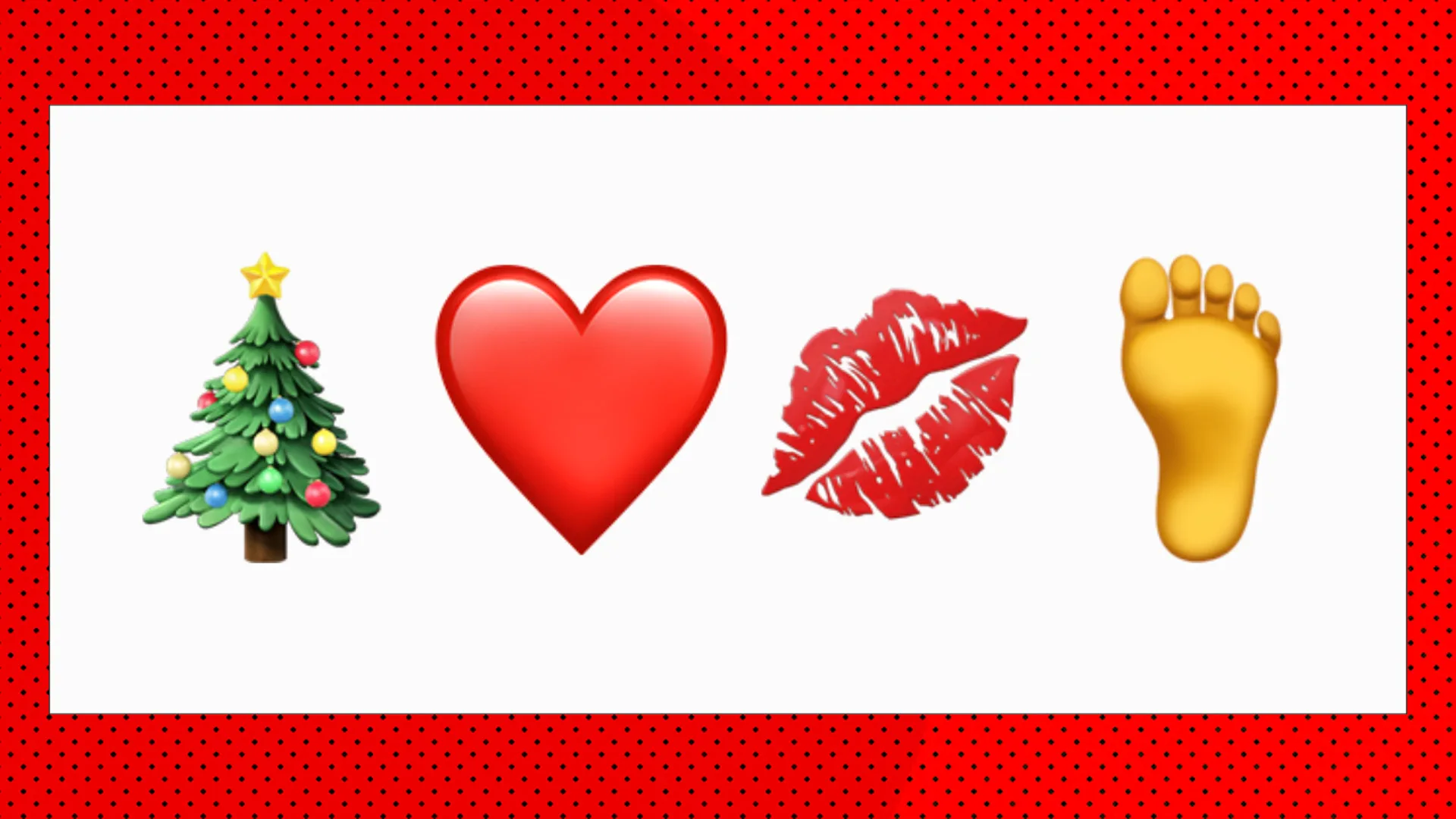 An image of four emojis showing a christmas tree, a red heart, a kiss and foot against a white background with red borders.