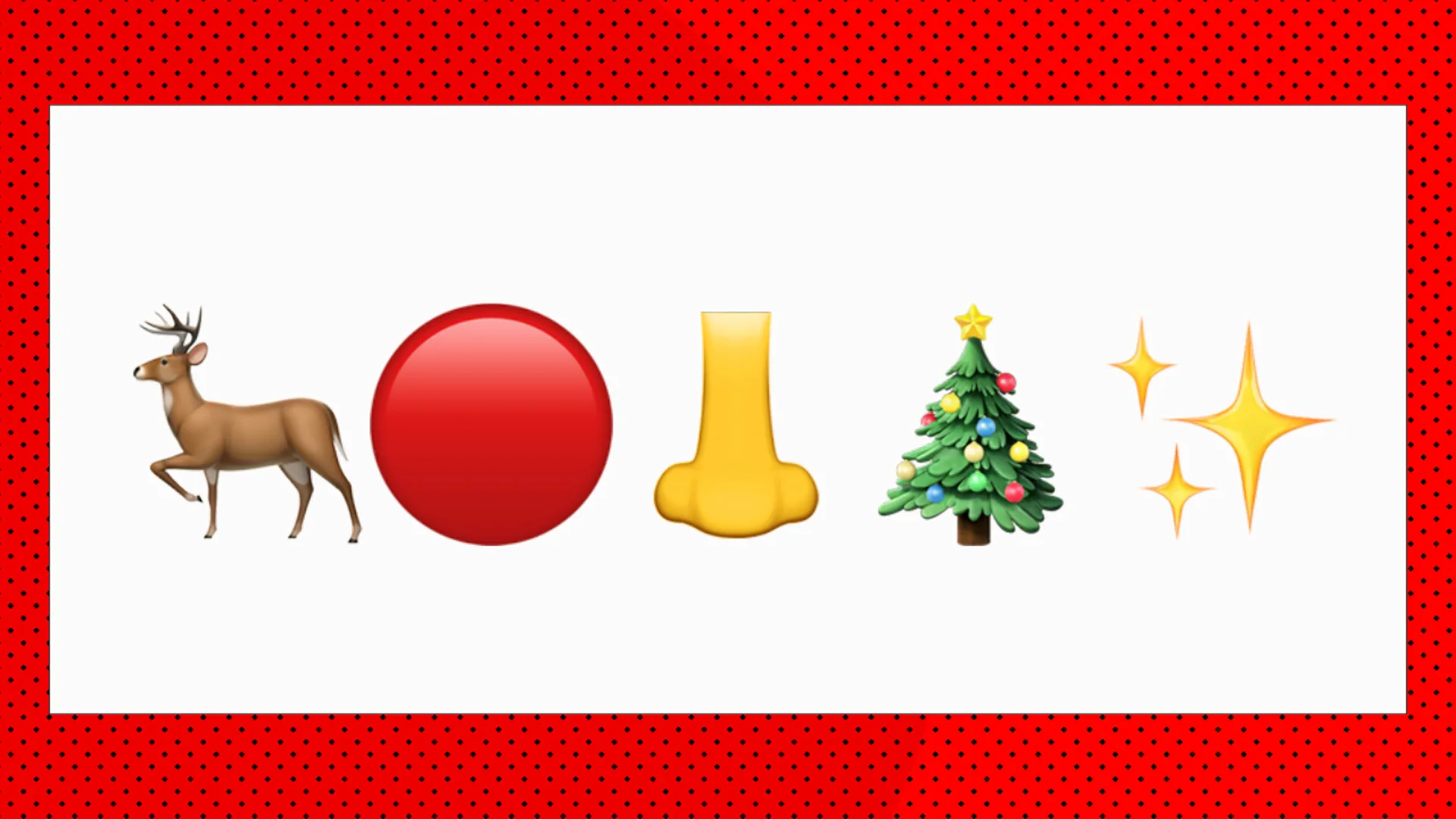 An image of five emojis showing a reindeer, red circle, nose, christmas tree and sparkles against a white background with red borders.