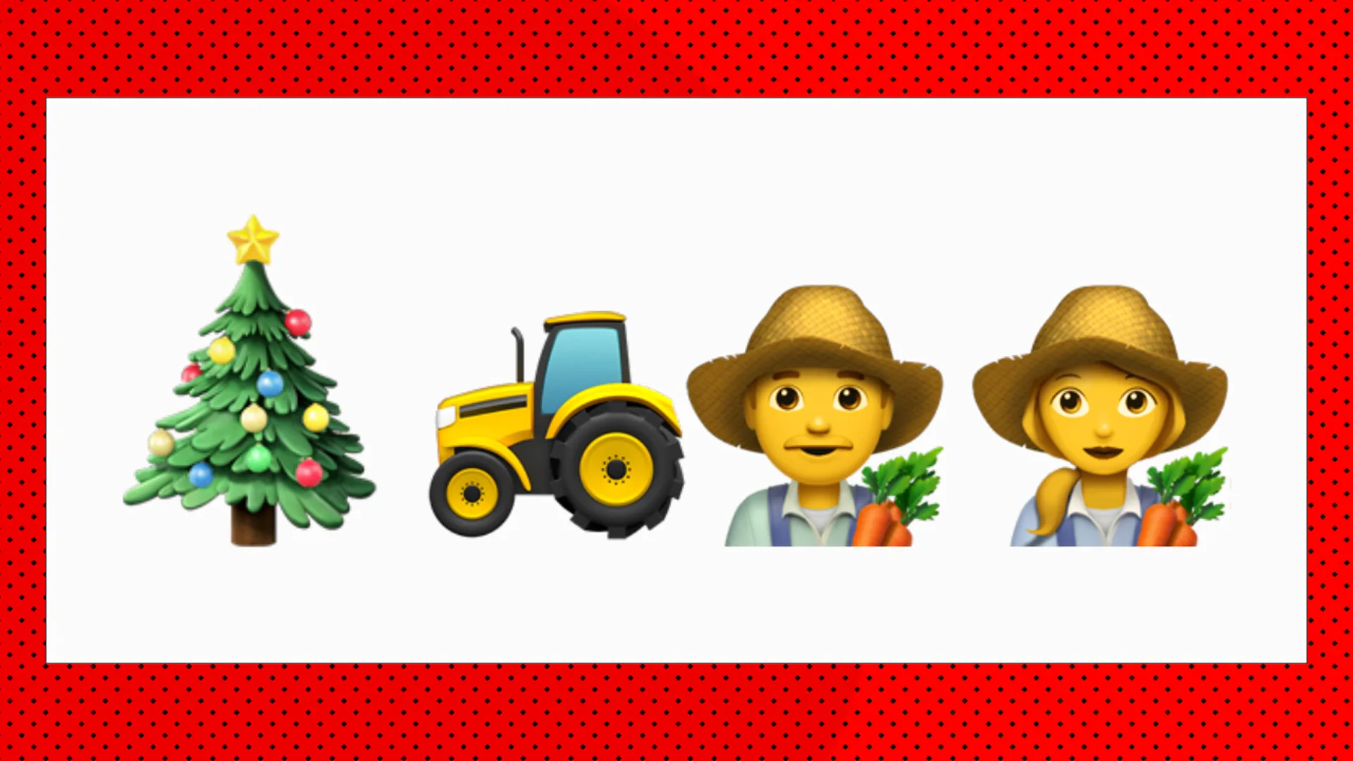 An image of four emojis showing a christmas tree, a tractor and two farmers with a white background and red borders.