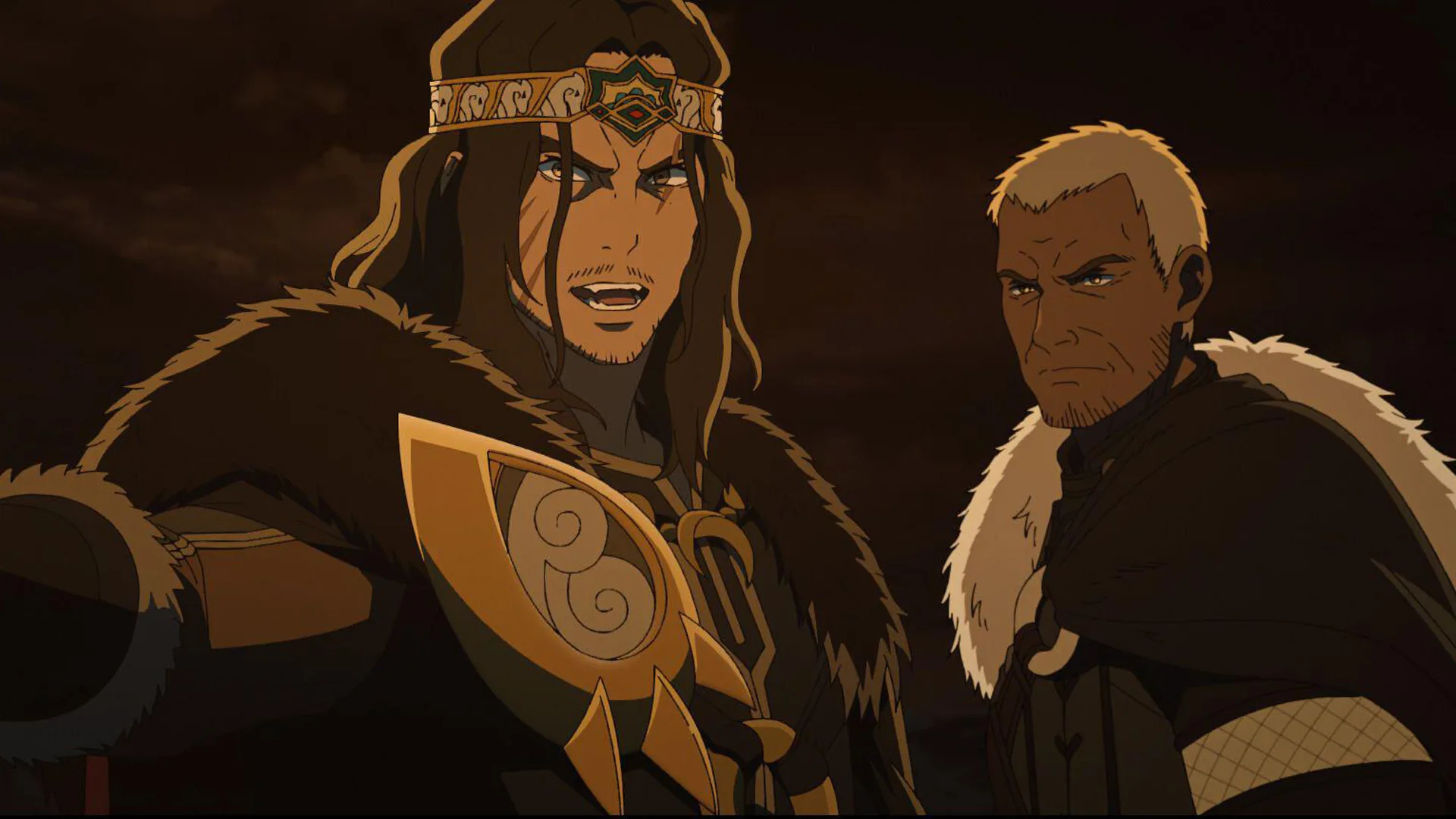 An image of two characters from the animated series Lord of the Rings: The War of Rohirrim both looking angrily at into the distance wearing furs against a brown background.