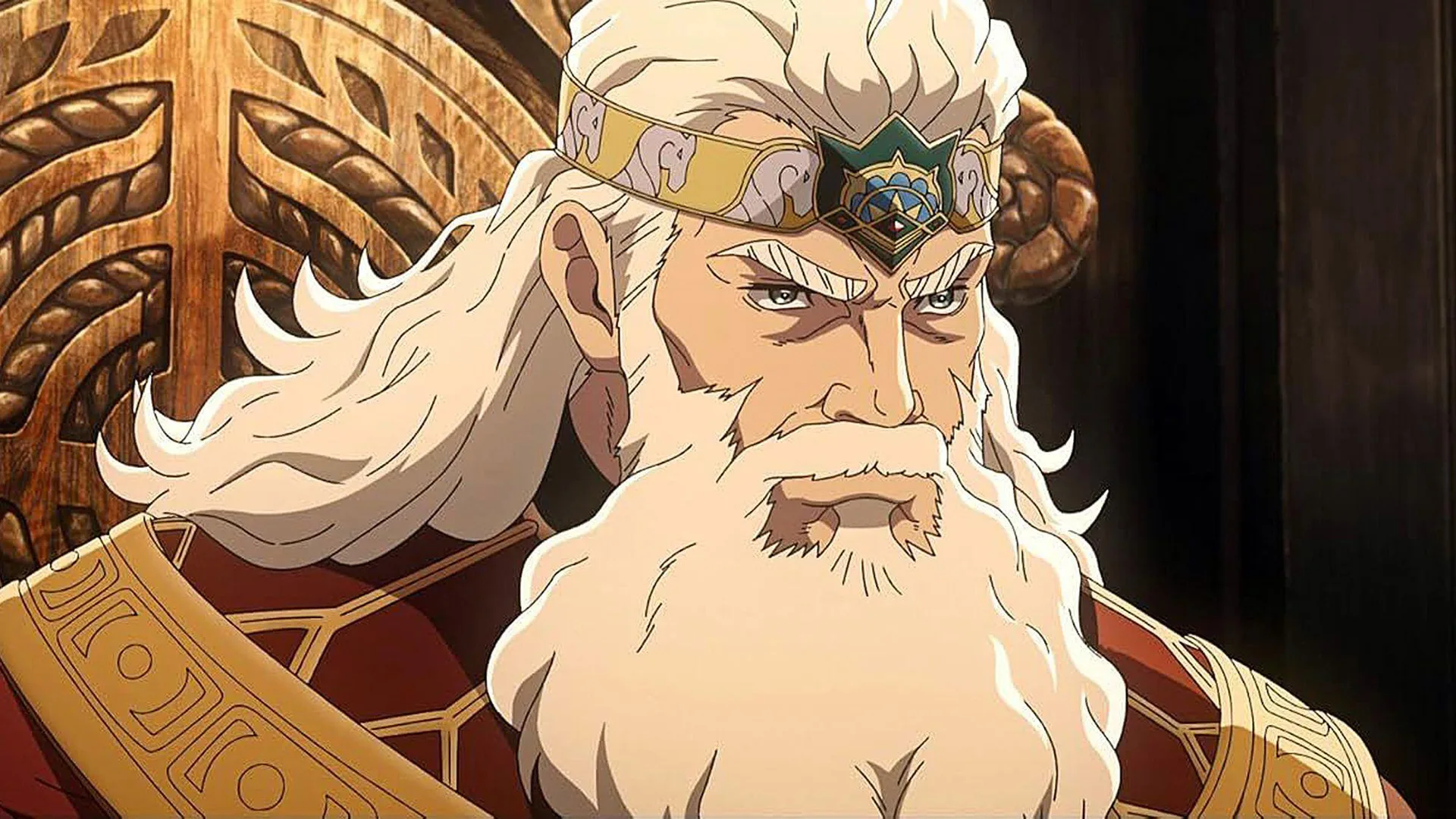 An image of a king with white beard and hair looking angrily whilst sat on a throne.