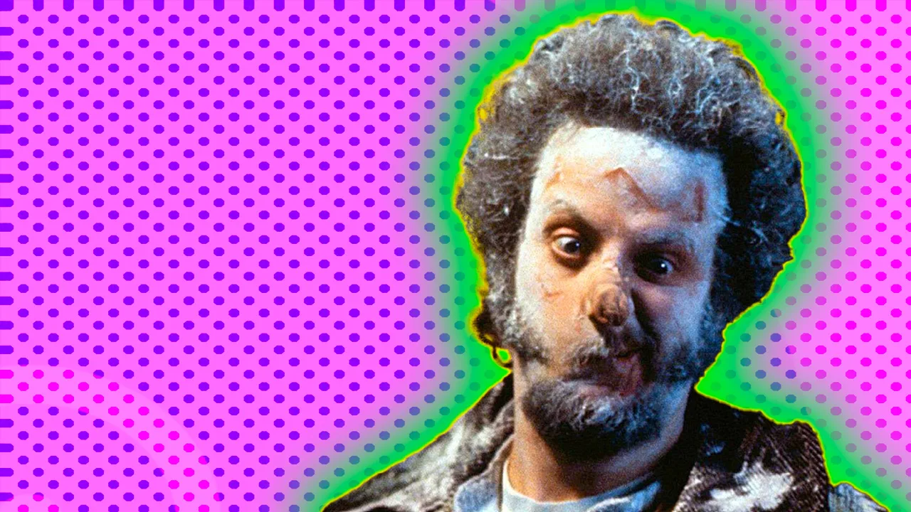 A photo of Marv from Home Alone with a squashed nose and covered in flour and dirt against a pink dotted background with a green and yellow halo.