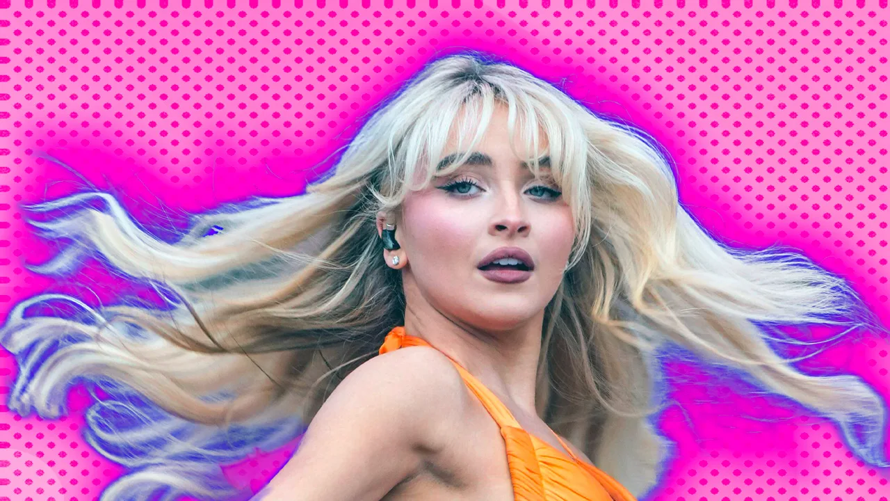 A photo of Sabrina Carpenter swishing her hair wearing an orange dress with a blue halo against a pink dotted background.