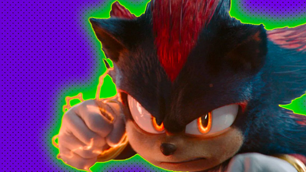 A still of Shadow from Sonic the Hedgehog 3. He has orange glowing eyes and is in a fight post with orange lightening and a green halo around him against a purple dotted background.