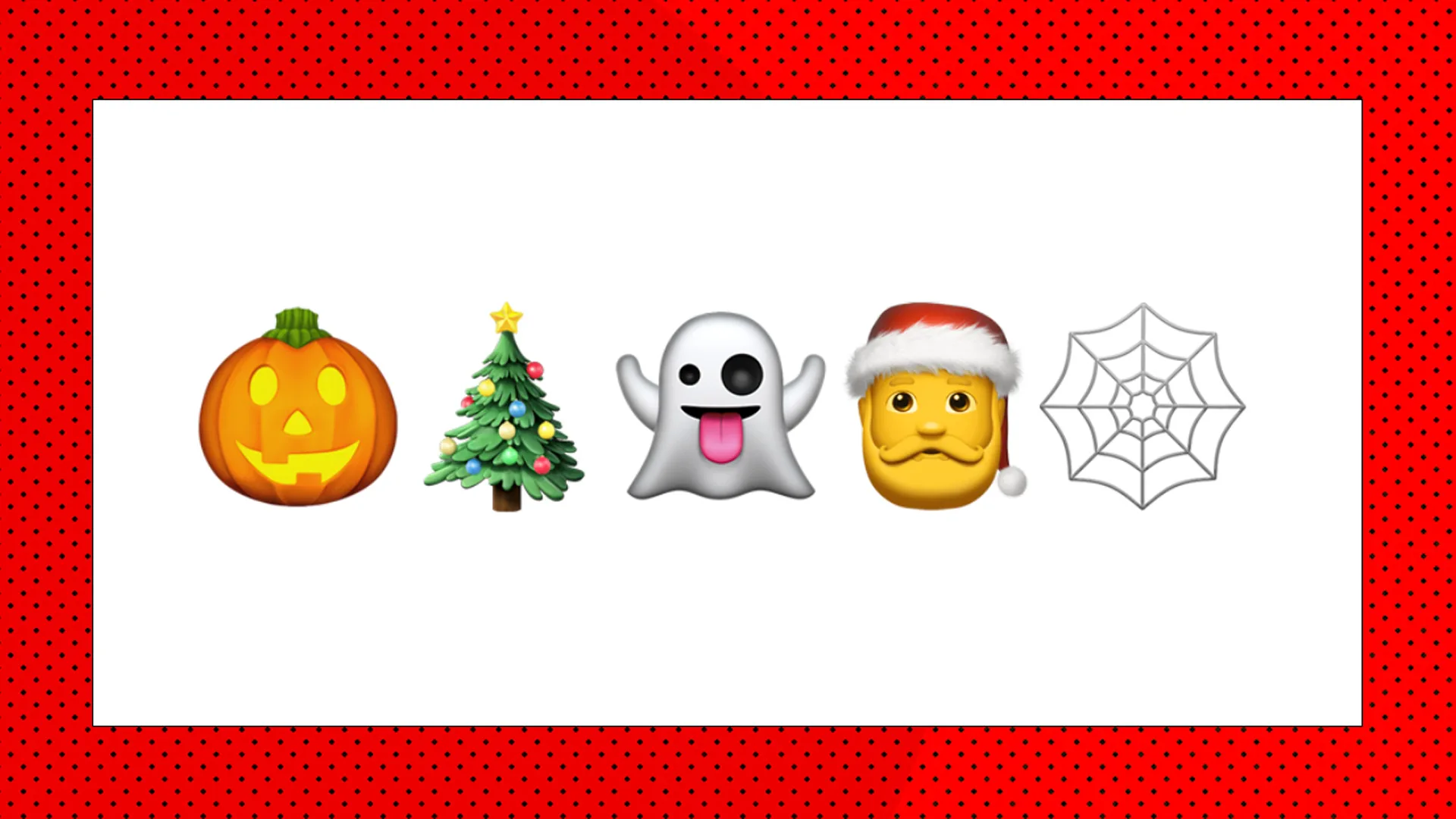 An image of five emojis showing a pumpkin, a christmas tree, a ghost, a santa and snowflake against a white background with red borders.