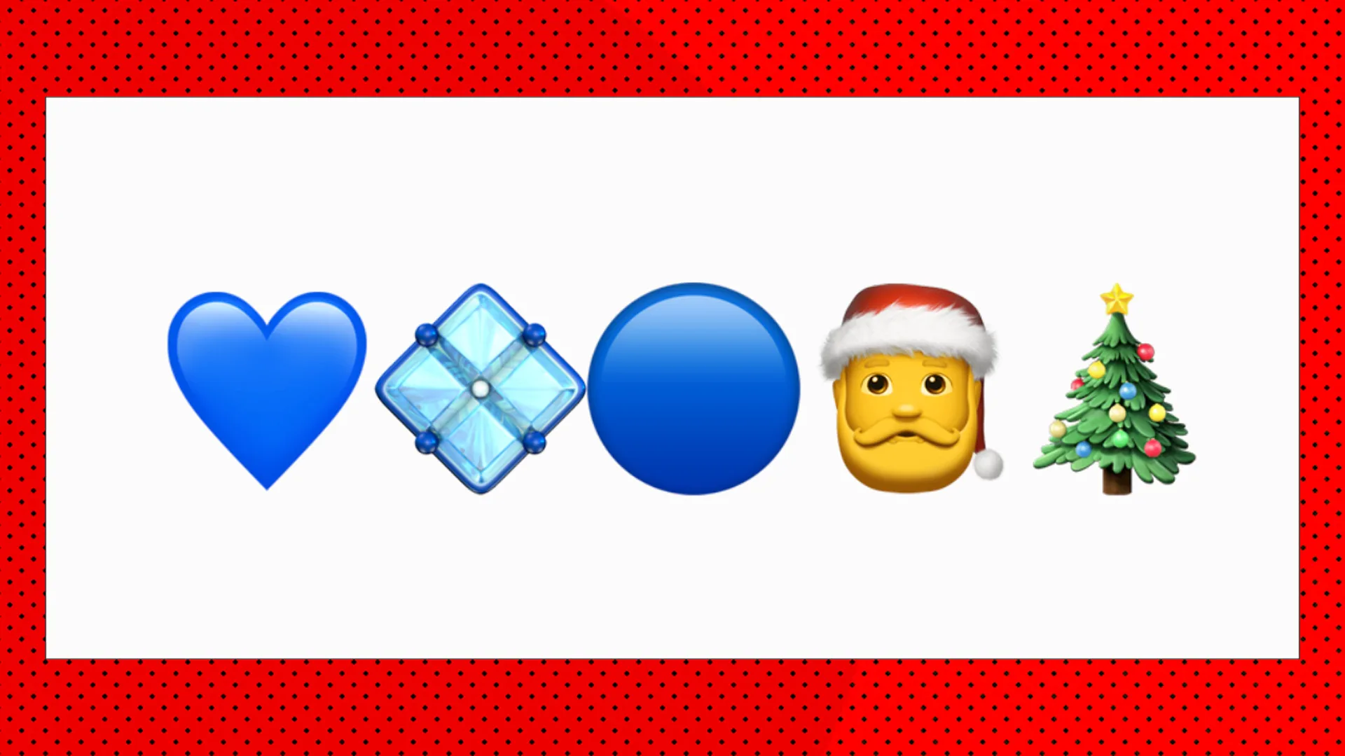 A photo of four emojis showing a blue heart, a snowflake, a blue circle, santa and a christmas tree against a white background with a red border,