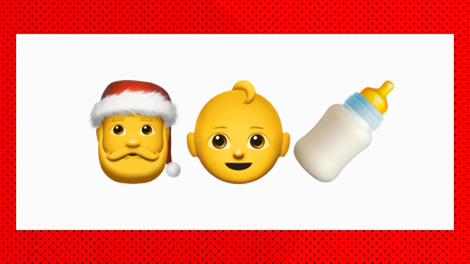 An image of three emojis of Santa, a baby and milk bottle with a white background with red borders,