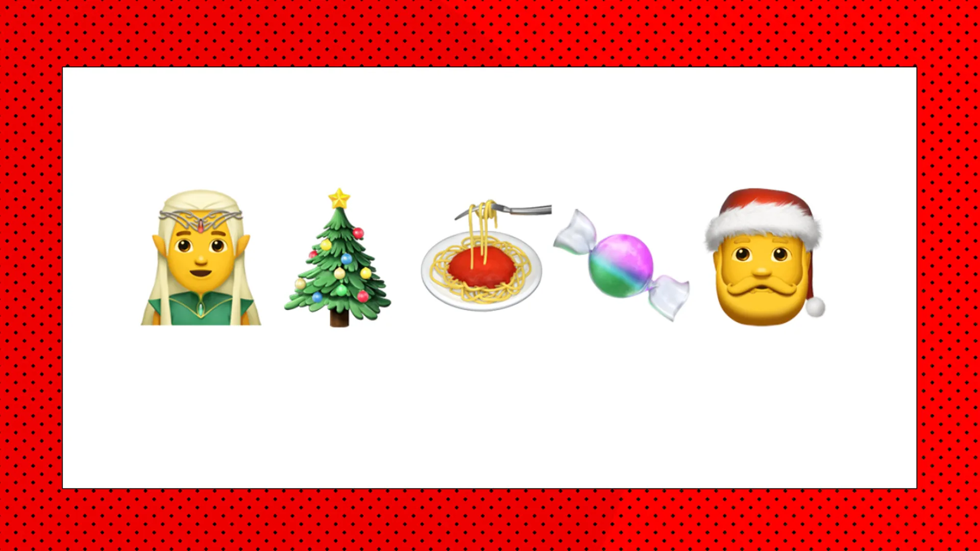 An image showing five emojis of an elf, christmas tree, a bowl of spaghetti, a sweetie and Santa Claus.