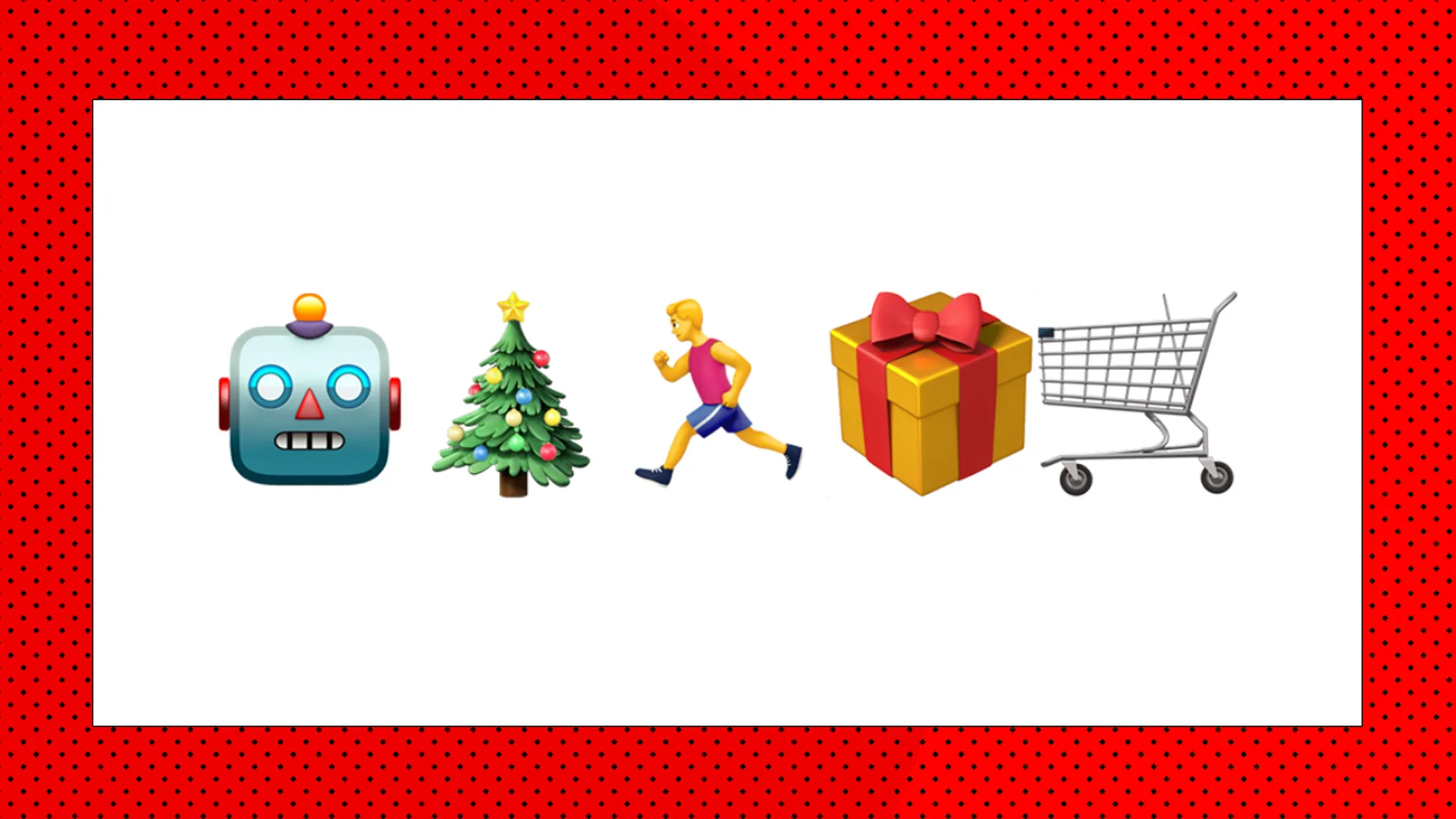 An image of five emojis showing a robot, a christmas tree, a running figure, a present and trolley against a white background with red borders.