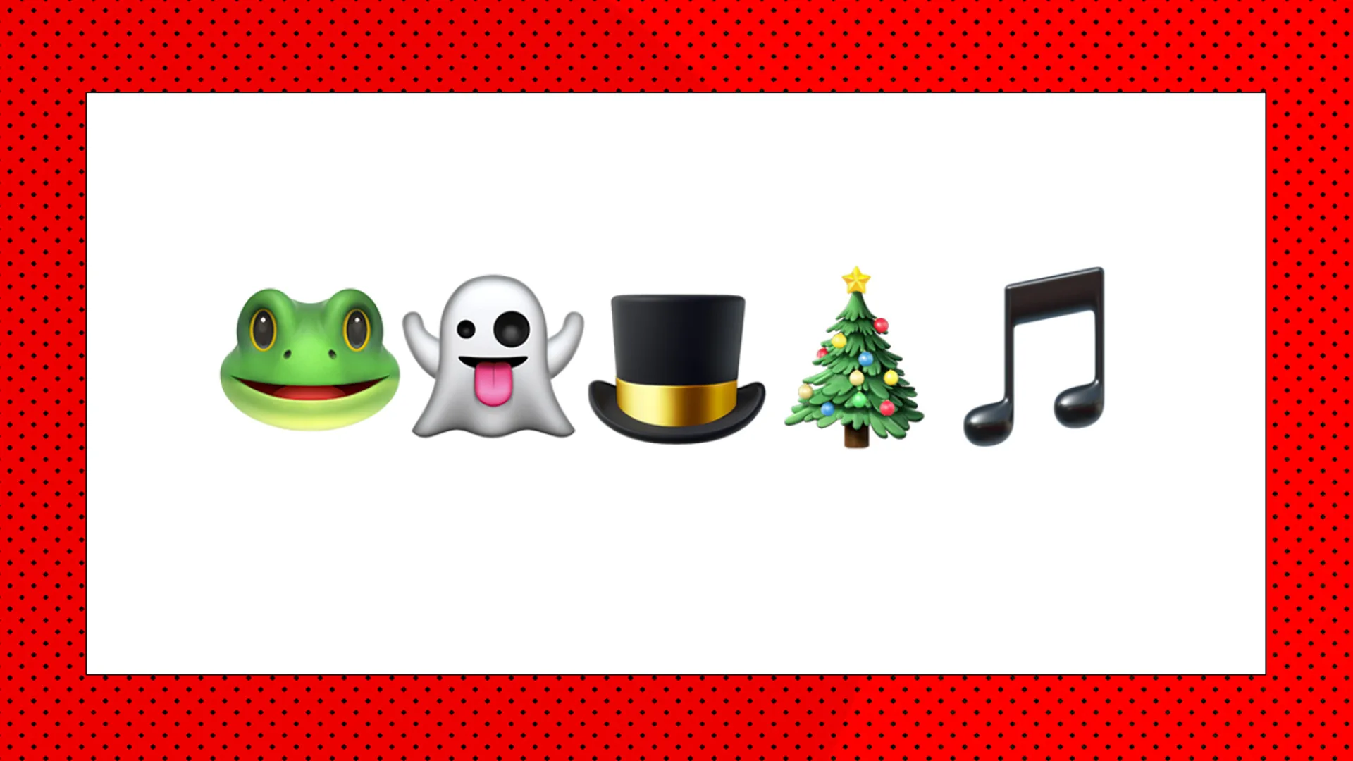 An image of five emojis showing a frog, a ghost, a top hat, a christmas tree and a music note against a white background with red borders.