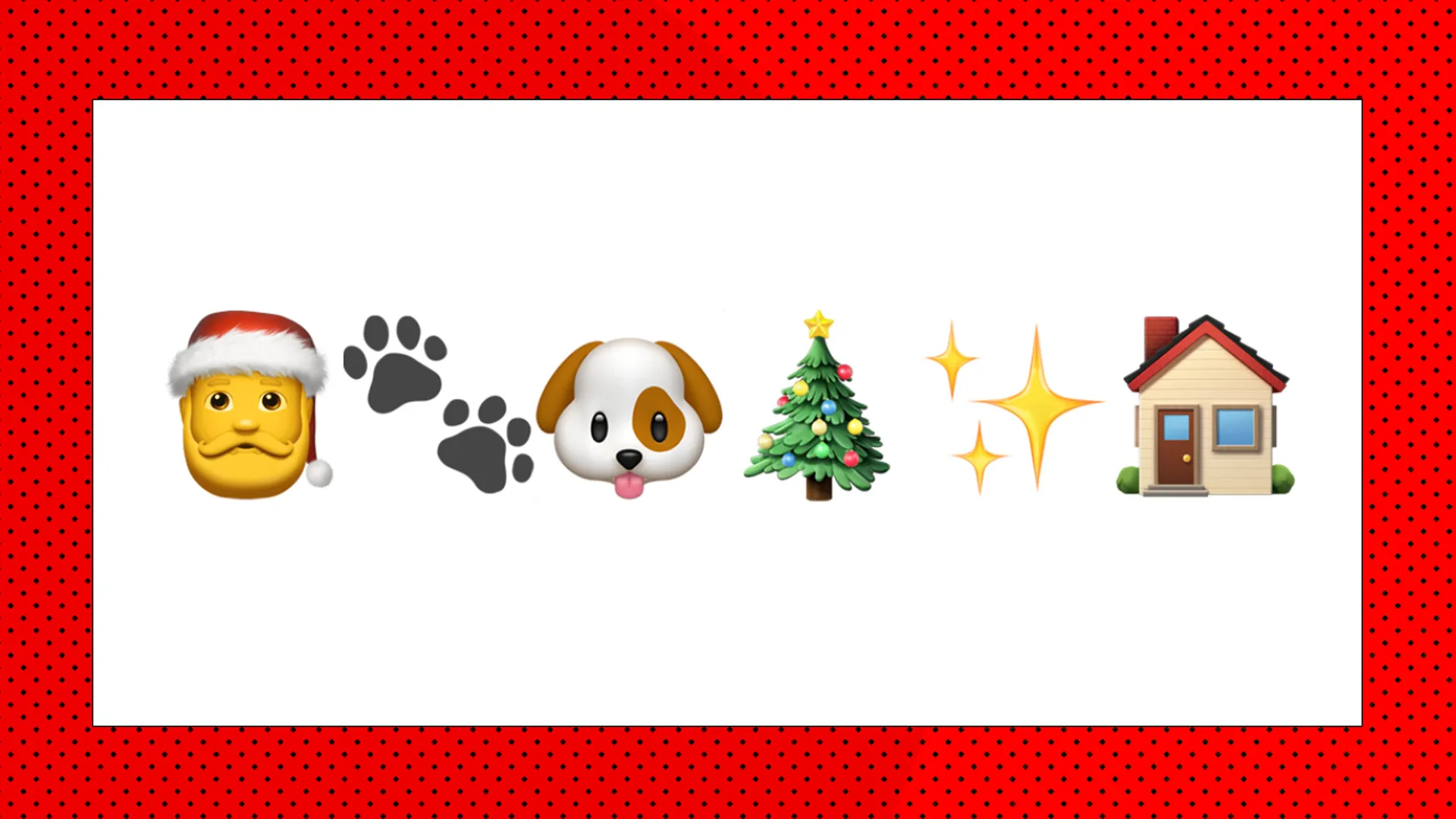 An image showing six emojis of Santa, paw prints, a dog, a christmas tree, sparkles and a house against a white background with red borders.