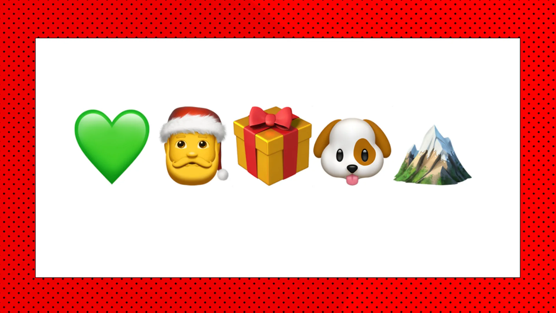 An image of five emojis showing a green heart, Santa, a present, a dog and a mountain against a white background with red borders.