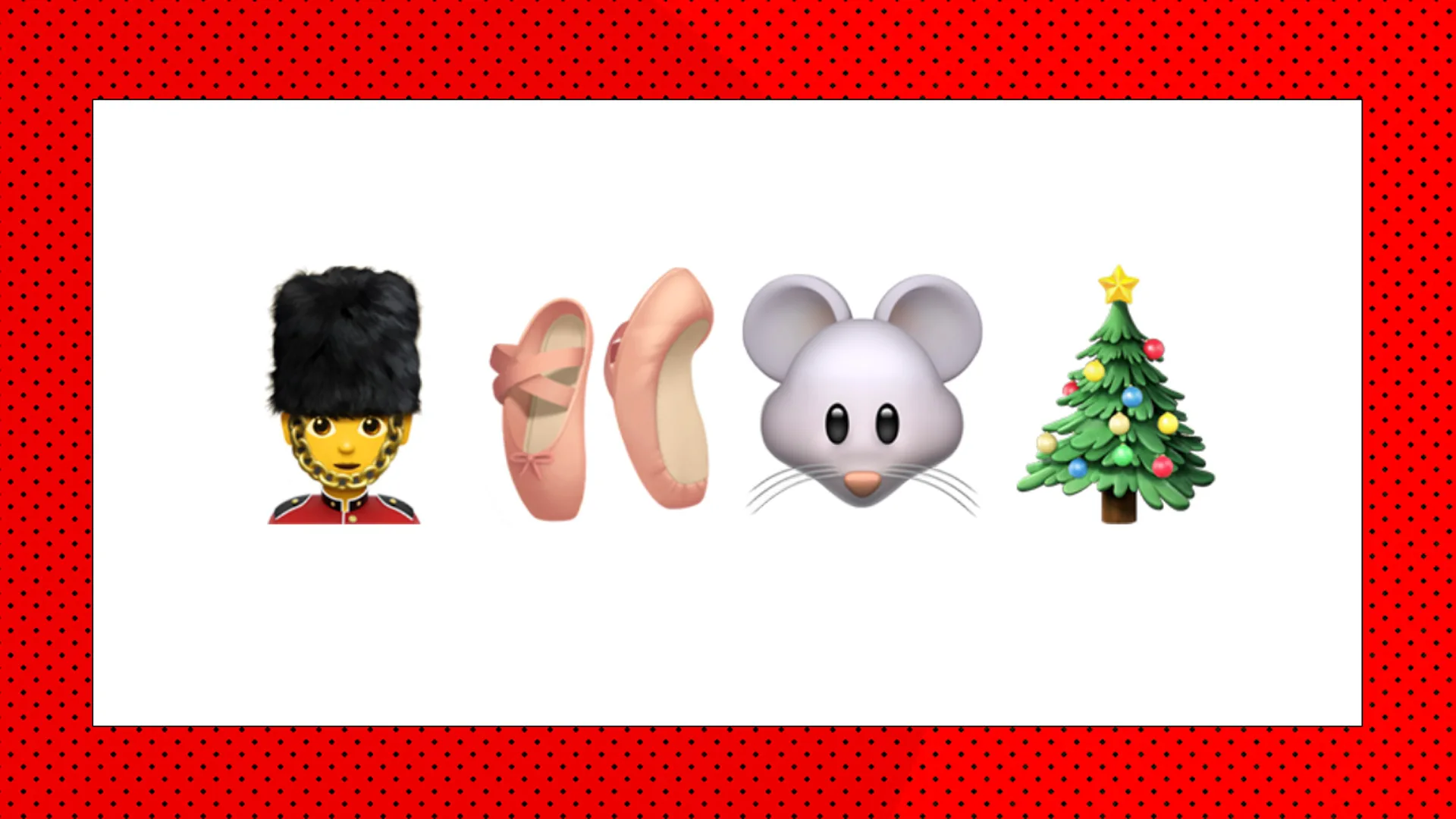 An image showing four emojis of a soldier, a pair of ballet shoes, a mouse and a christmas tree against a white background with red borders.