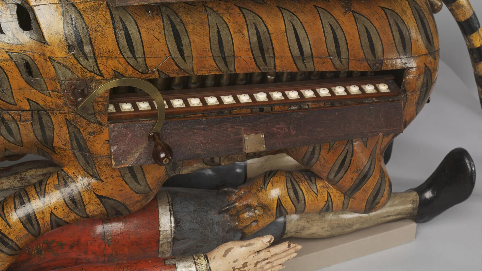 A close up of the V&A object Tippoo's Tiger showing the in-built organ on the side of the tiger.