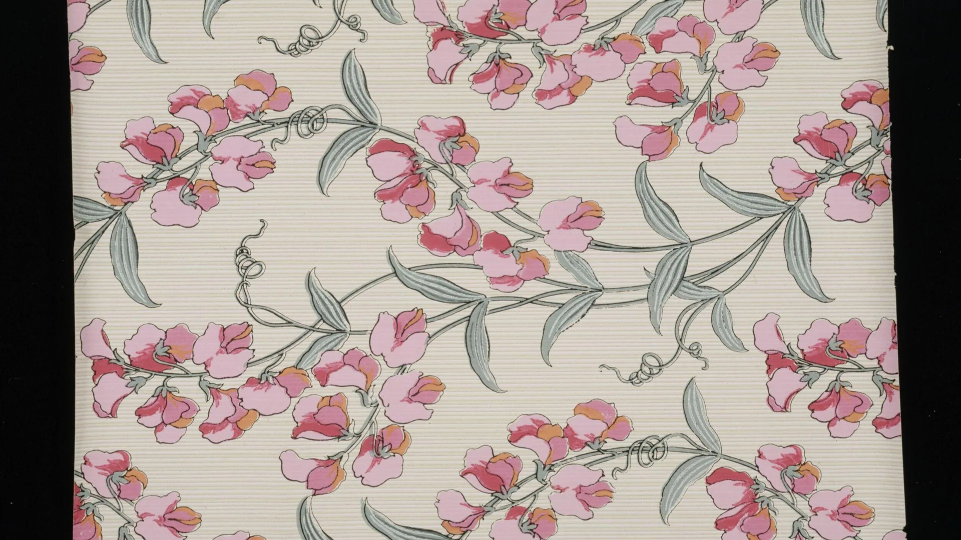 An illustration of sweet pea flowers in pinks with green leaves against a beige background with black borders.